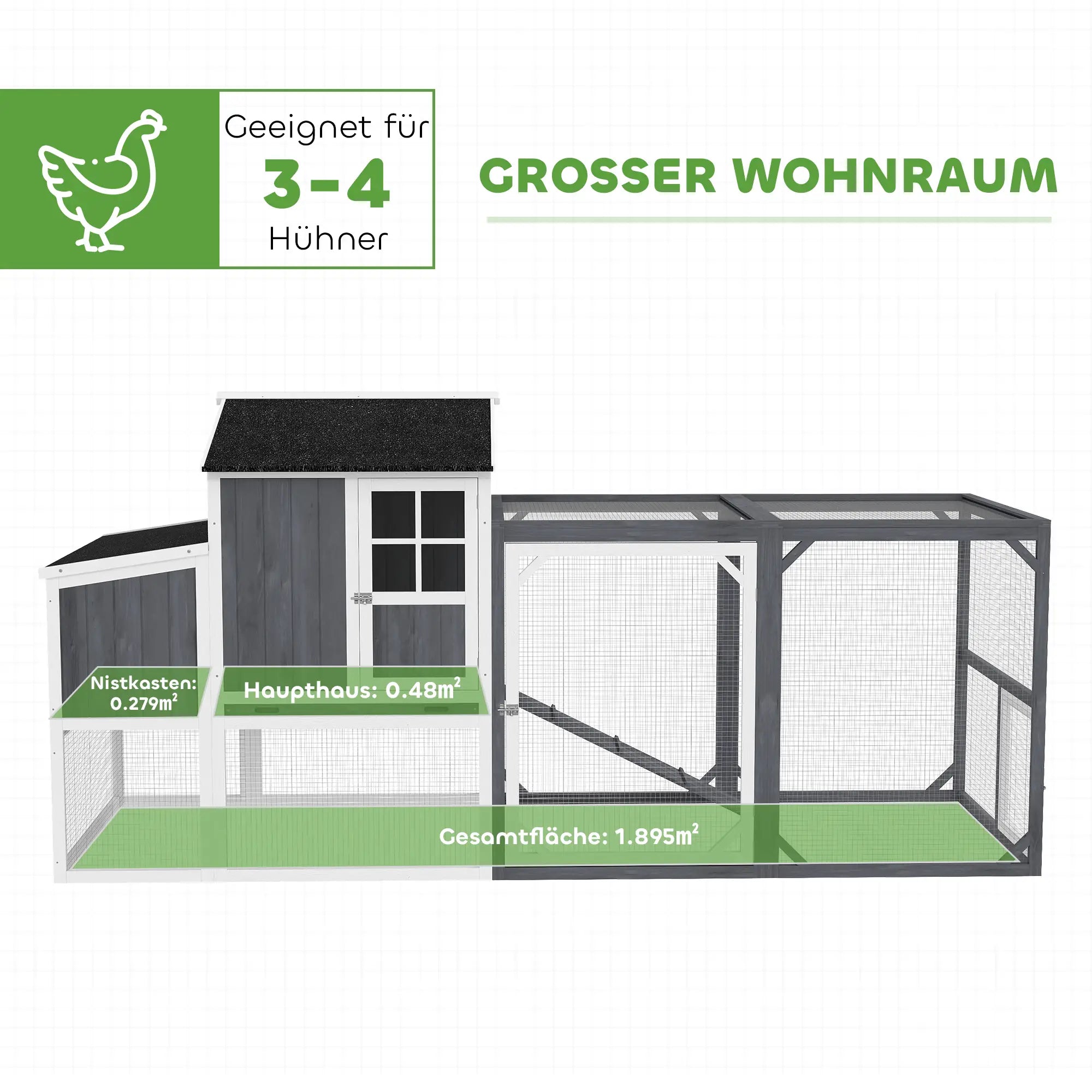 PawHut Hühnerstall mit Auslauf und Nistkasten für 3-4 Hühner