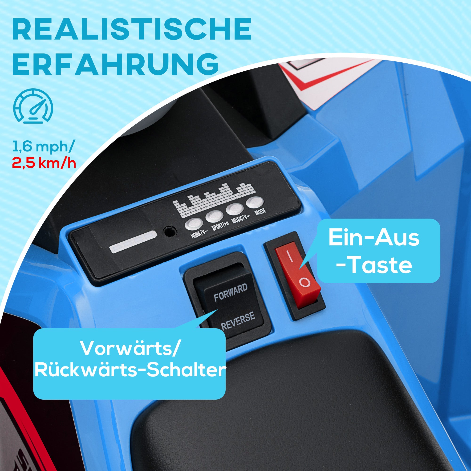 HOMCOM Elektro-Kinderquad, 2,5 km/h, Vorwärts- & Rückwärtsgang, für 18-36 Monate, Blau