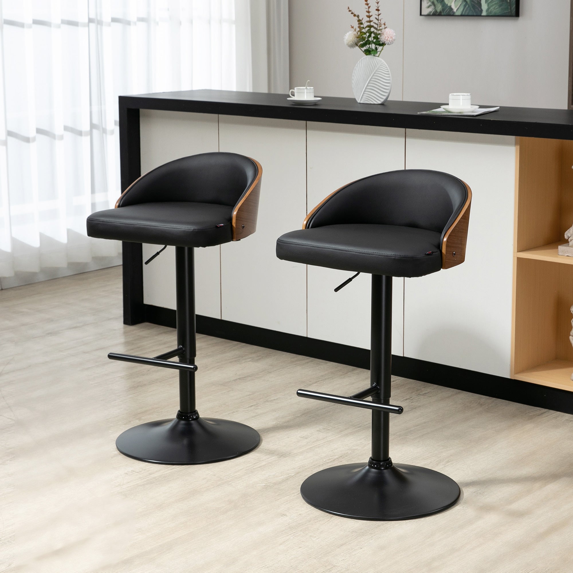HOMCOM Barhocker 2er Set, Gepolstert Barstuhl aus Stahl und Massivholz, Höhenverstellbar Küchenstühle mit Fußstütze, 360° Drehbar, Tresenhocker für Küche, Wohnzimmer, Esszimmer, Schwarz+Kaffee