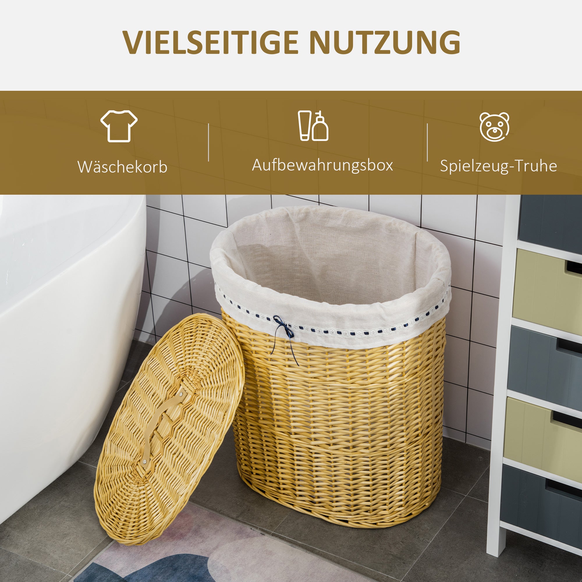 HOMCOM Wäschekorb aus Weide mit Deckel Wäschesammler mit Griff, herausnehmbarer Wäschesack, Laundry Baskets Wäschebox für Badezimmer Waschküche Schlafzimmer Natur
