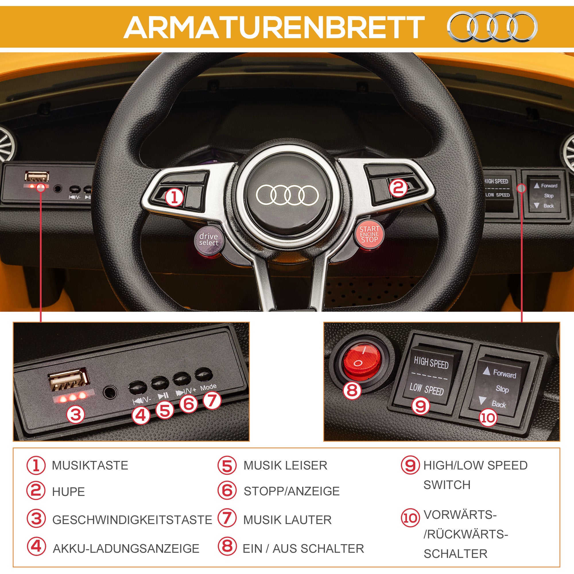 HOMCOM Kinder-Elektroauto, max. 3 km/h, mit Fernbedienung, Sicherheitsgurt, MP3-Anschluss, 3–5 Jahre, Gelb