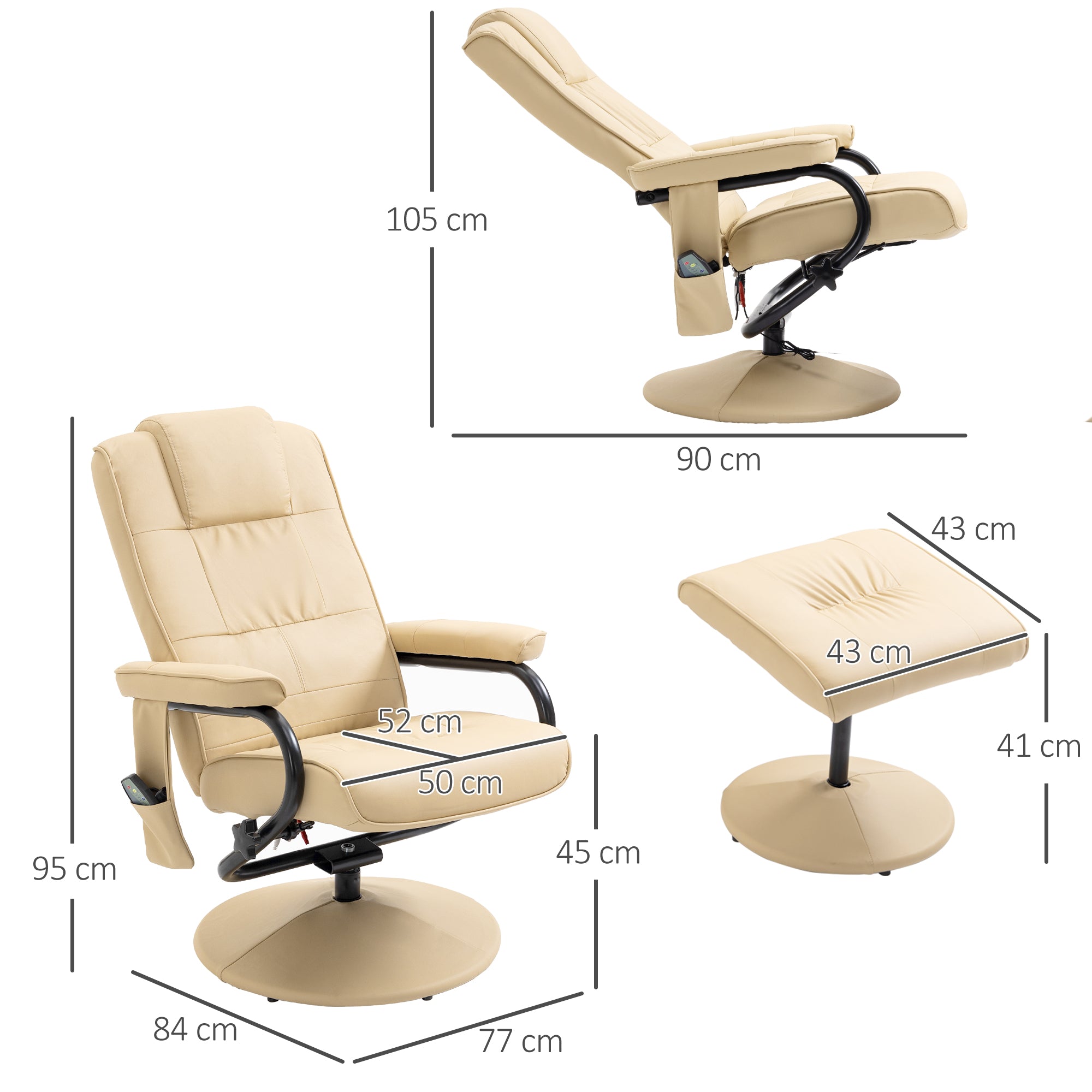 HOMCOM Massagesessel mit Hocker, Drehbares Relaxsessel mit Massagefunktion, Elektrisches Fernsehsessel mit Liegefunktion, Fernbedienung für Wohnzimmer, Kunstleder, Creme