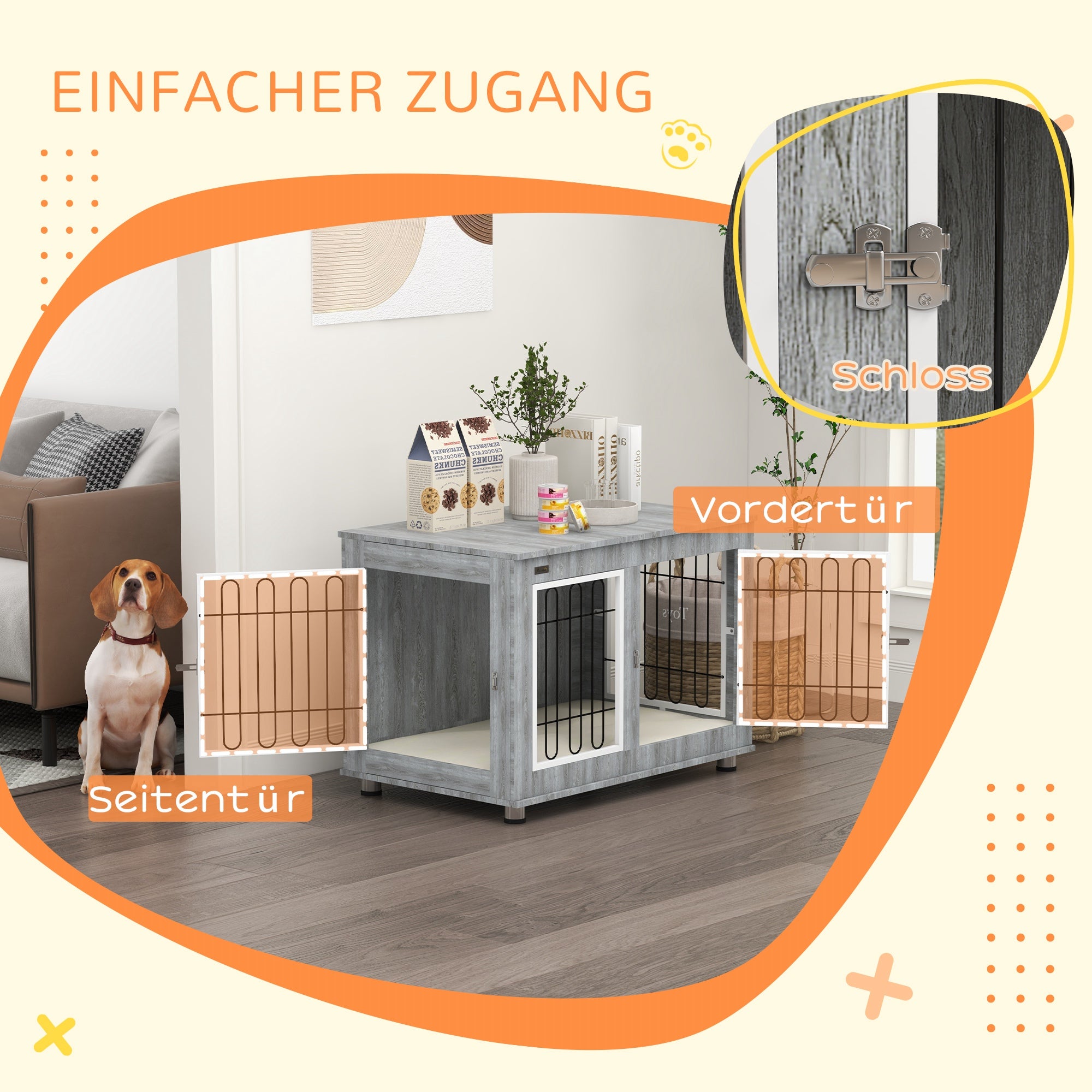 PawHut Hundekäfig Hundebox waschbares Polster, 2 Verriegelungen, 90 cm x 58 cm x 65 cm, Grau