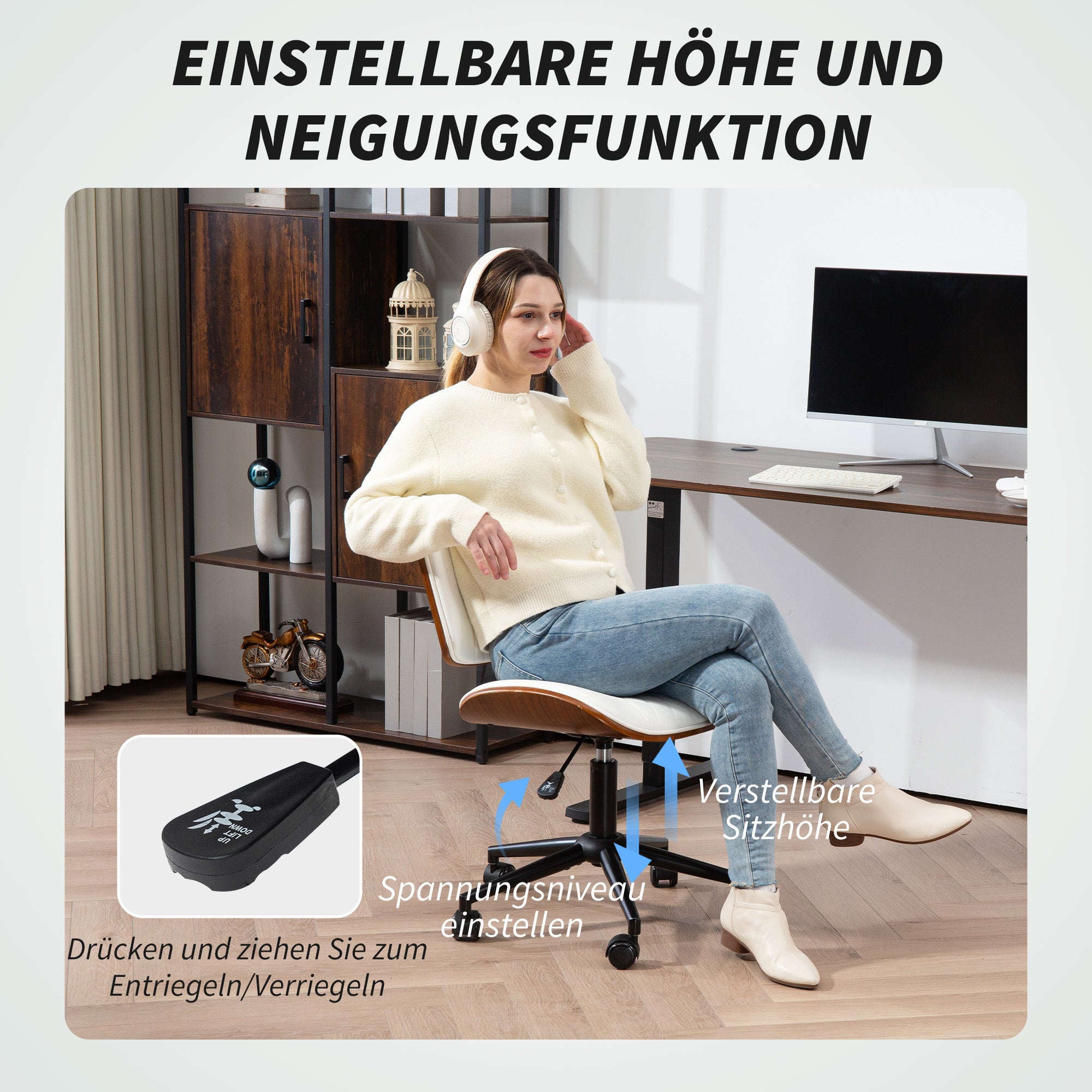 HOMCOM Bürostuhl Höhenverstellbarer Schreibtischstuhl mit Rolle, Diamantsteppung 52 x 53 x 80-90 cm Weiß
