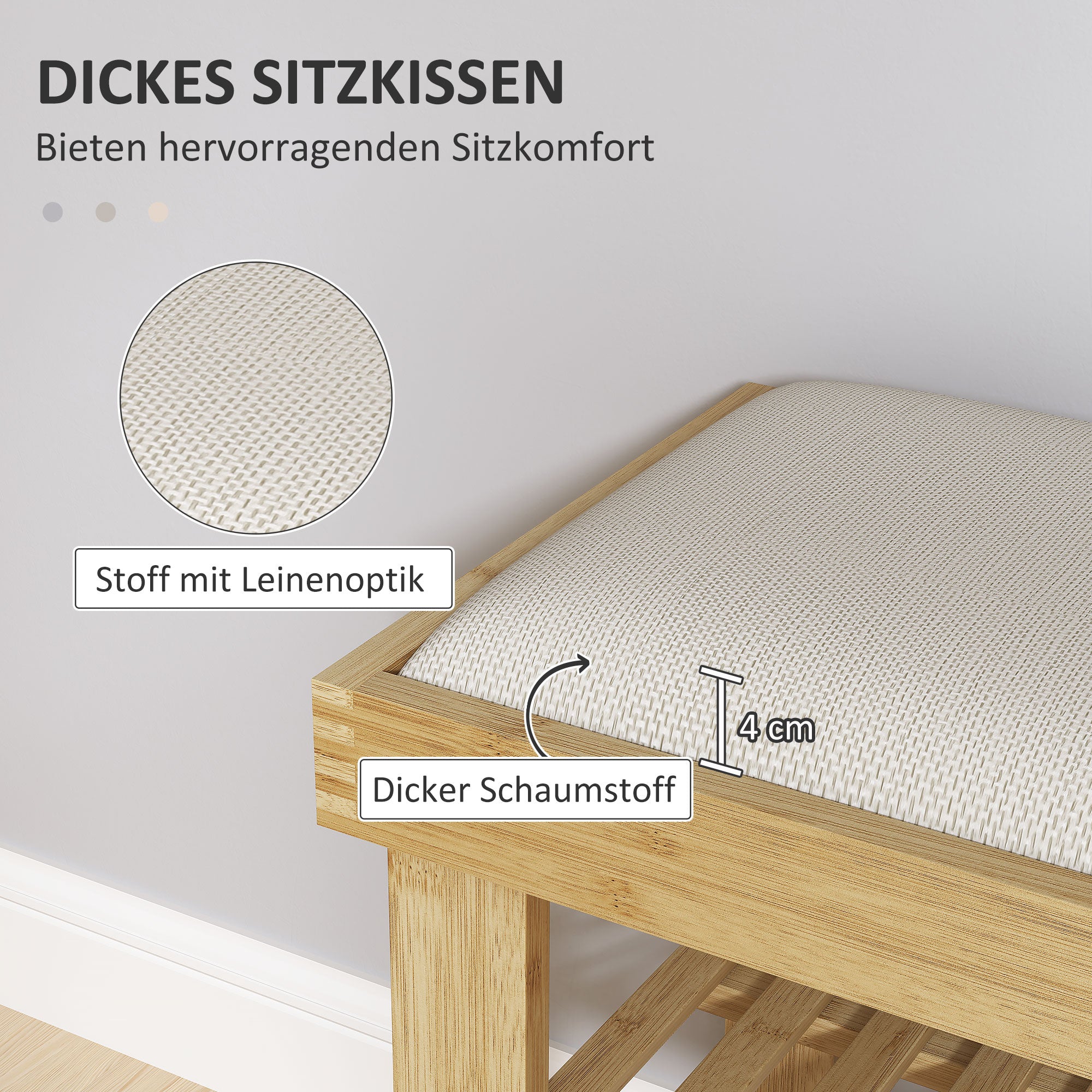 HOMCOM Schuhbank mit Sitzfläche, Bambus Sitzbank mit Stauraum, 2 offene Fächer, Sitzbank 60 x 29 x 49 cm Cremeweiß