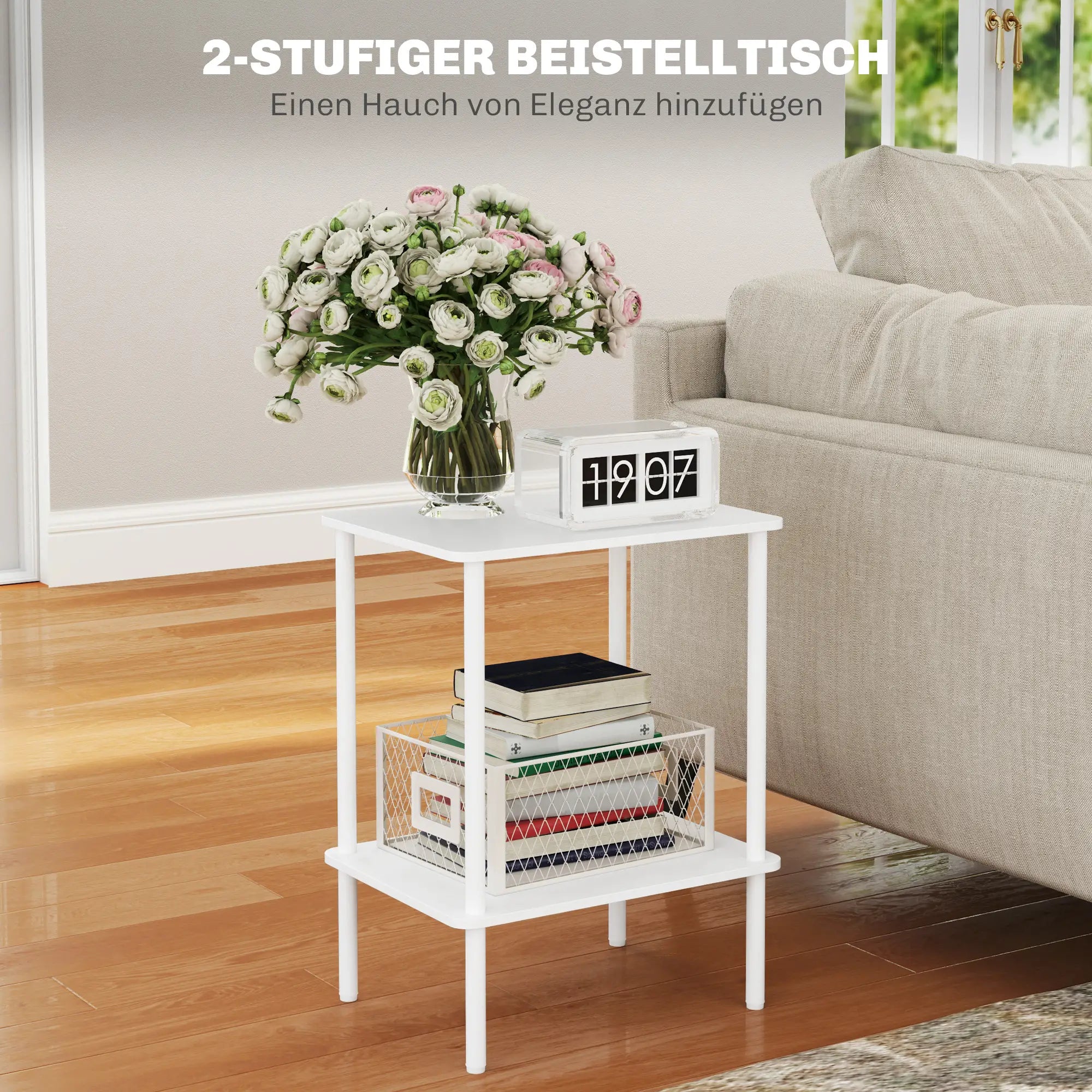 HOMCOM Moderner 2-stufiger Beistelltisch mit Aufbewahrungsfach und Metallrahmen für Wohnzimmer, Schlafzimmer, Weiß