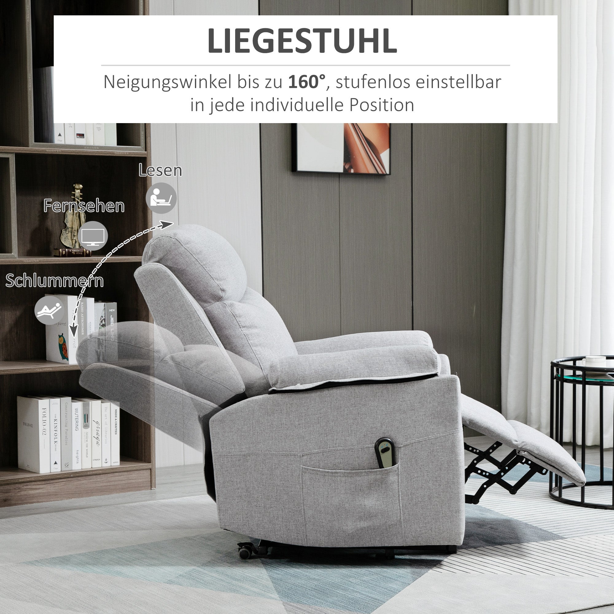 HOMCOM Relaxsessel mit Aufstehhilfe, elektrisch, Liegefunktion, Fernbedienung, Taschenfederkern, bis 120 kg, Grau