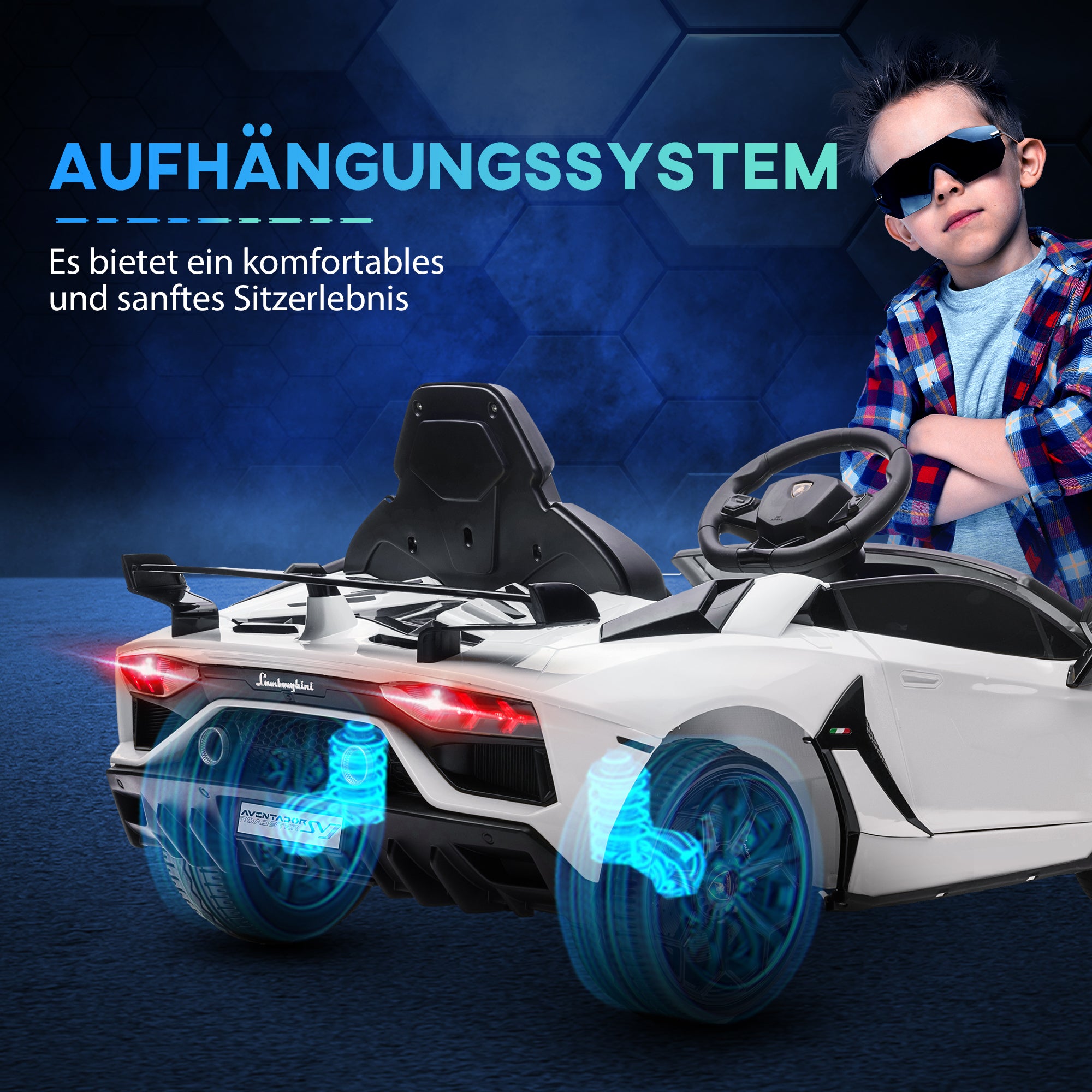 HOMCOM Elektro-Kinderauto, lizenzierter Lamborghini Aventador, Flügeltüren, Musik, Hupe, für 3-5 Jahre, Weiß