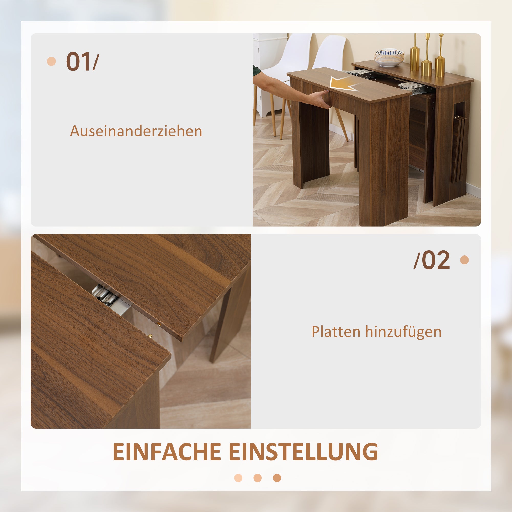 HOMCOM Ausklappbarer Esstisch Ausziehbarer Esstisch  Esstisch, mobil, modernes Design, 180cm x 85cm x 75cm, Braun