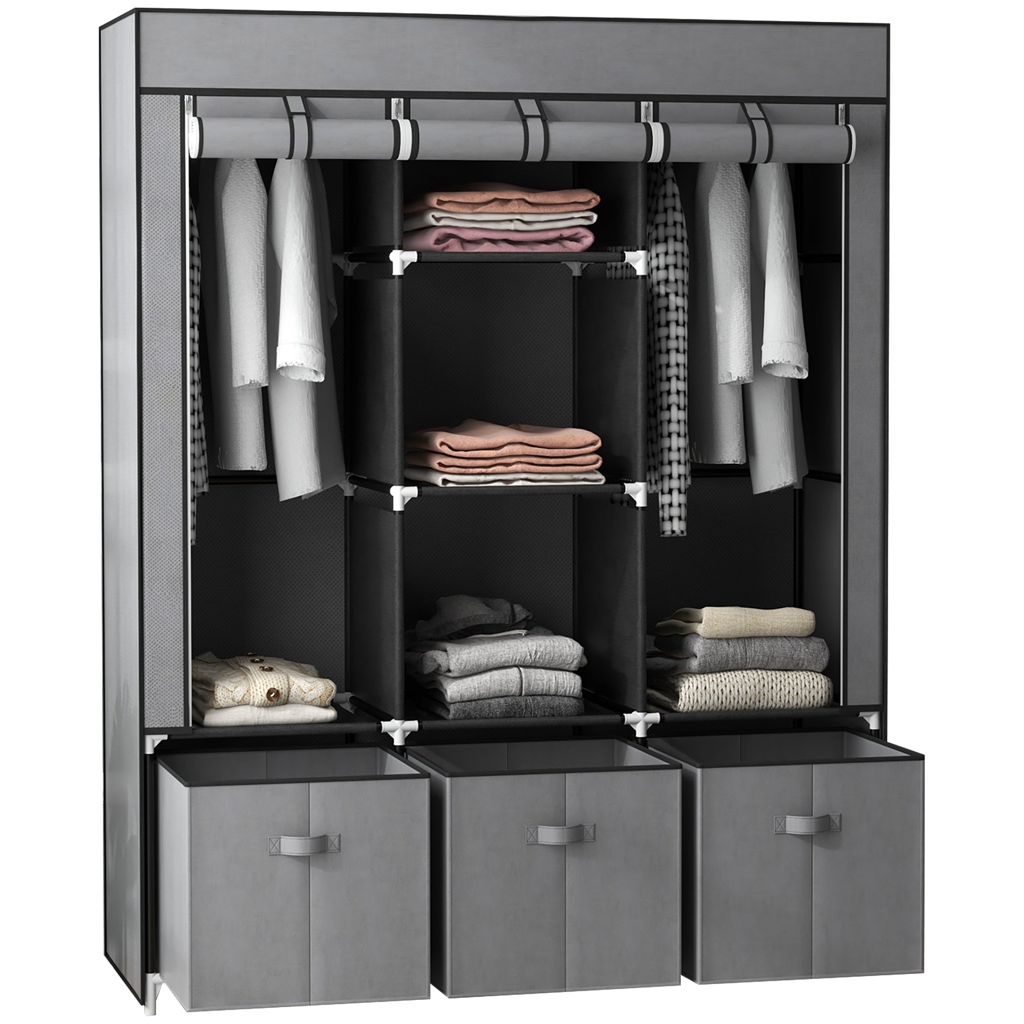 HOMCOM Stoffschrank aus Vlies, Faltschrank, inkl. 3 Schubladen, 125 cm x 43 cm x 162,5 cm, Grau