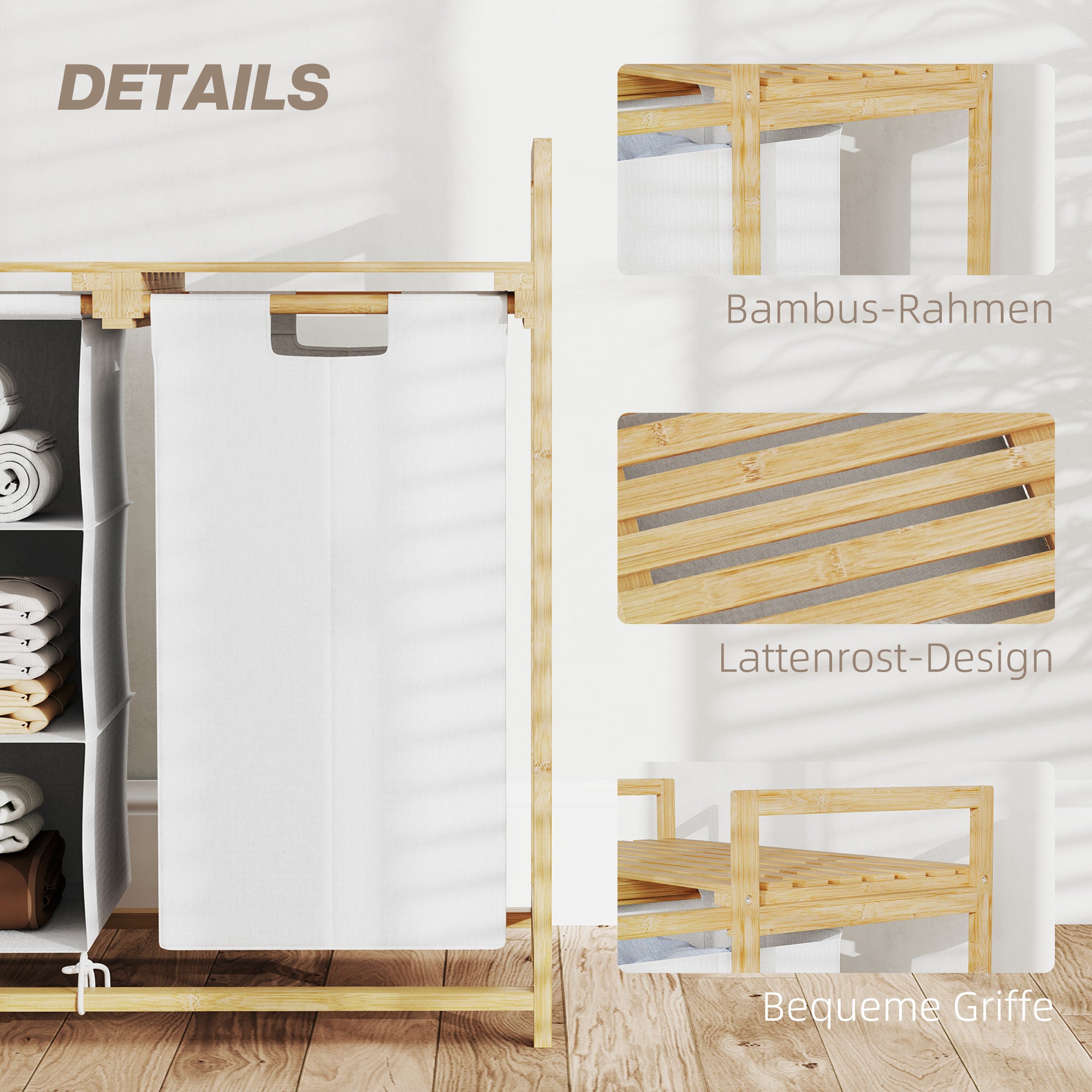HOMCOM Wäschekorb mit Wäschesack, Stoffschublade, Bambus, 70x36x70 cm, Weiß/Holz