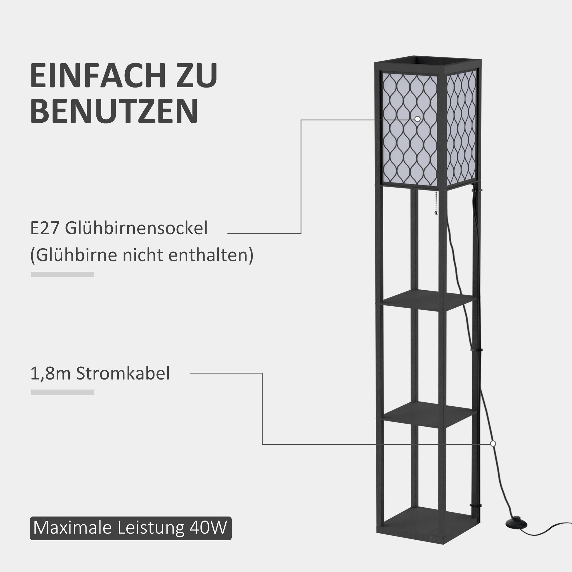 HOMCOM Stehlampe Wohnzimmer mit Regal, Stehleuchte Standleuchte mit E27 Fassung für Wohnzimmer Schlafzimmer, exkl. Glühbirne