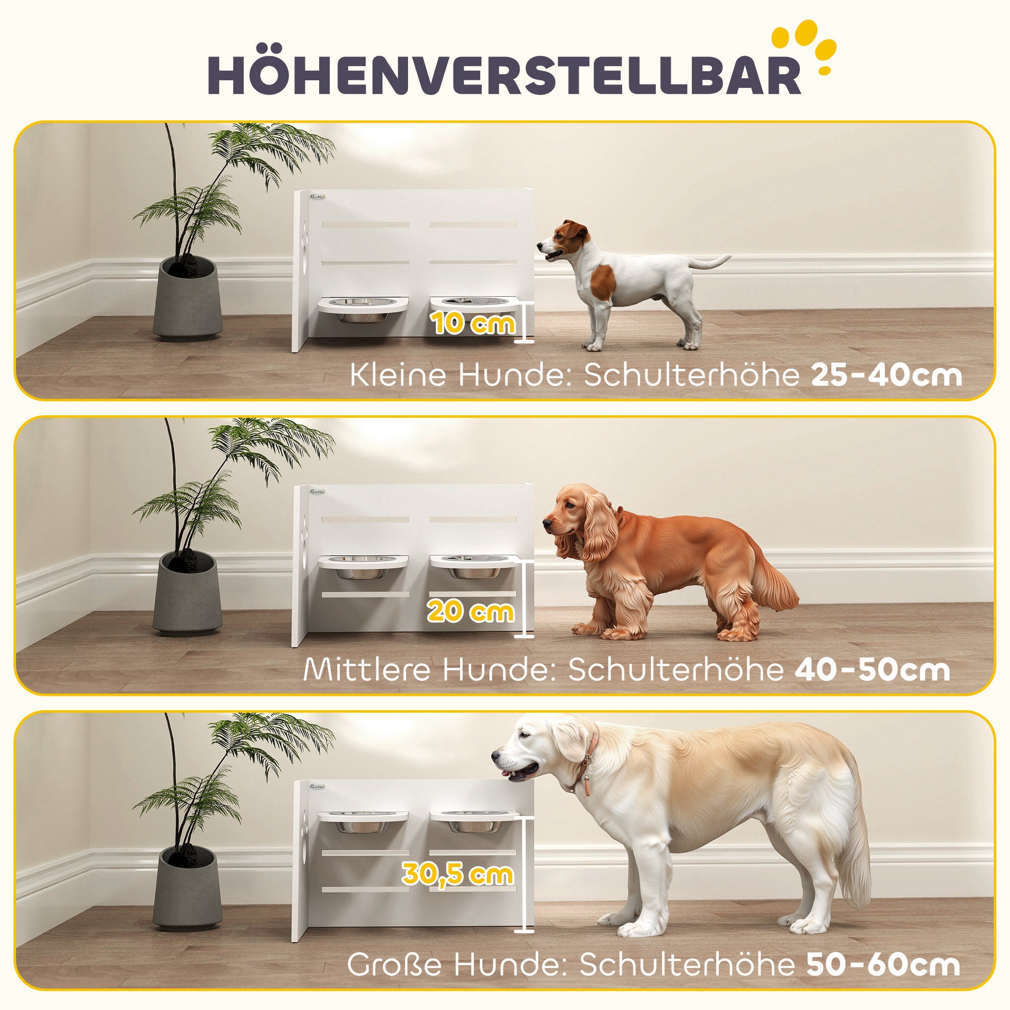 PawHut Hundefutternapf-Gestell, verstellbare Futternäpfe mit separatem Design, 2 Edelstahlschüsseln, Anti-Schling-Matte, Weiß