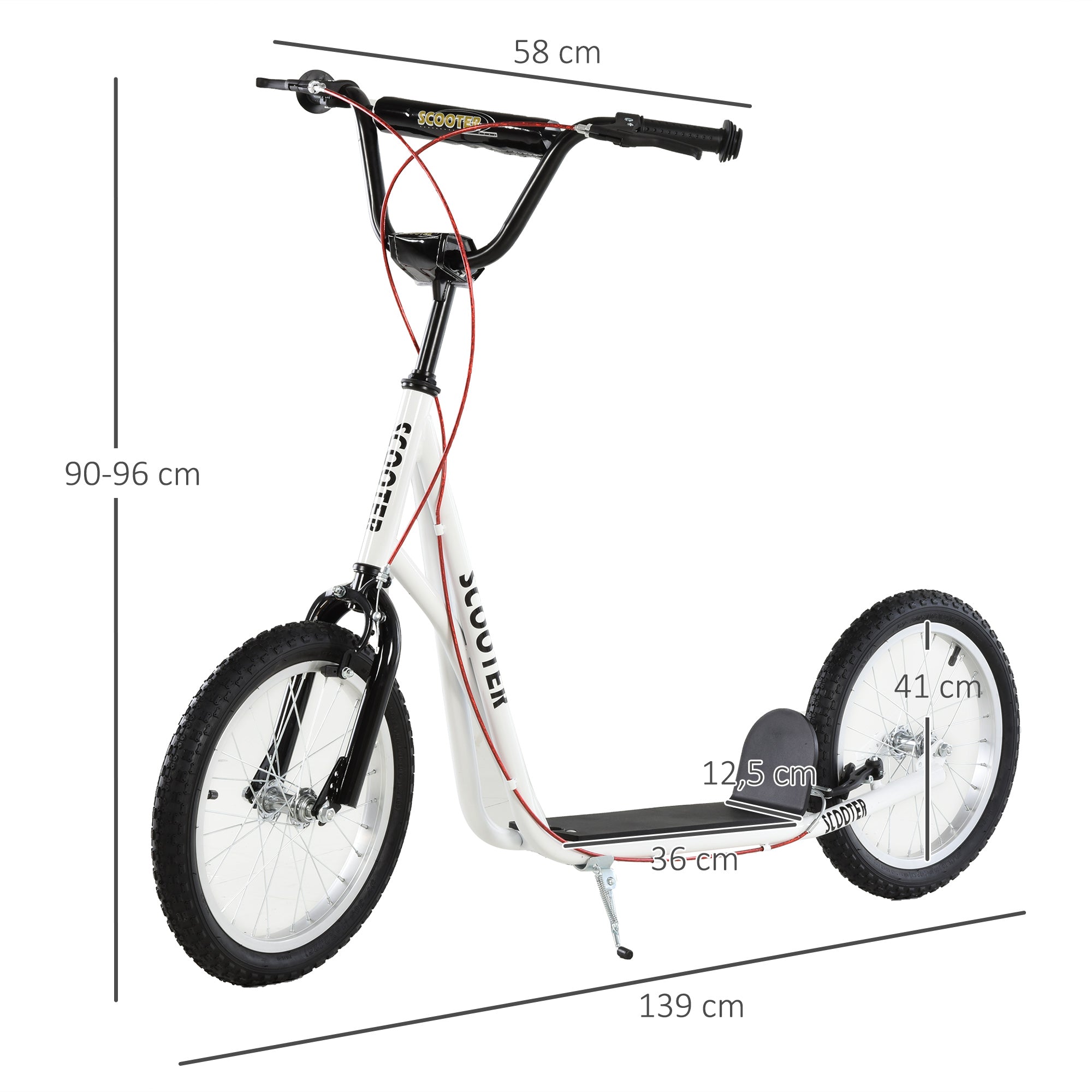 HOMCOM Kinderroller Scooter Tretroller Cityroller Kickscooter Roller Kinder Kickboard mit Luftreifen und Handbremse Scooter Kinder Wasserfest Faltbar ab 5 Jahre 16 Zoll Weiß 139 x 58 x 90-96 cm