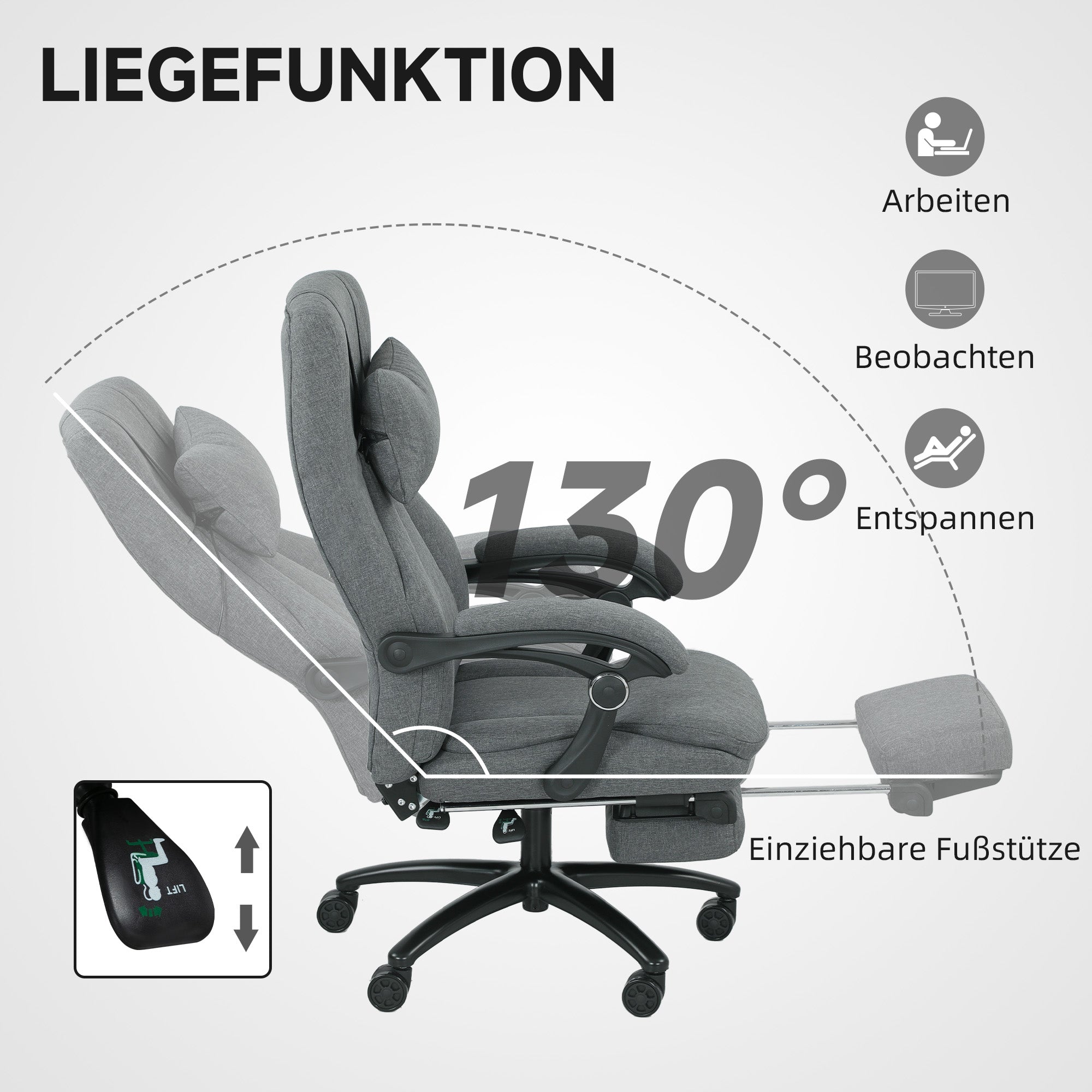 Vinsetto Massage-Bürostuhl, USB-Schnittstelle, schwenkbare Räder, Dunkelgrau