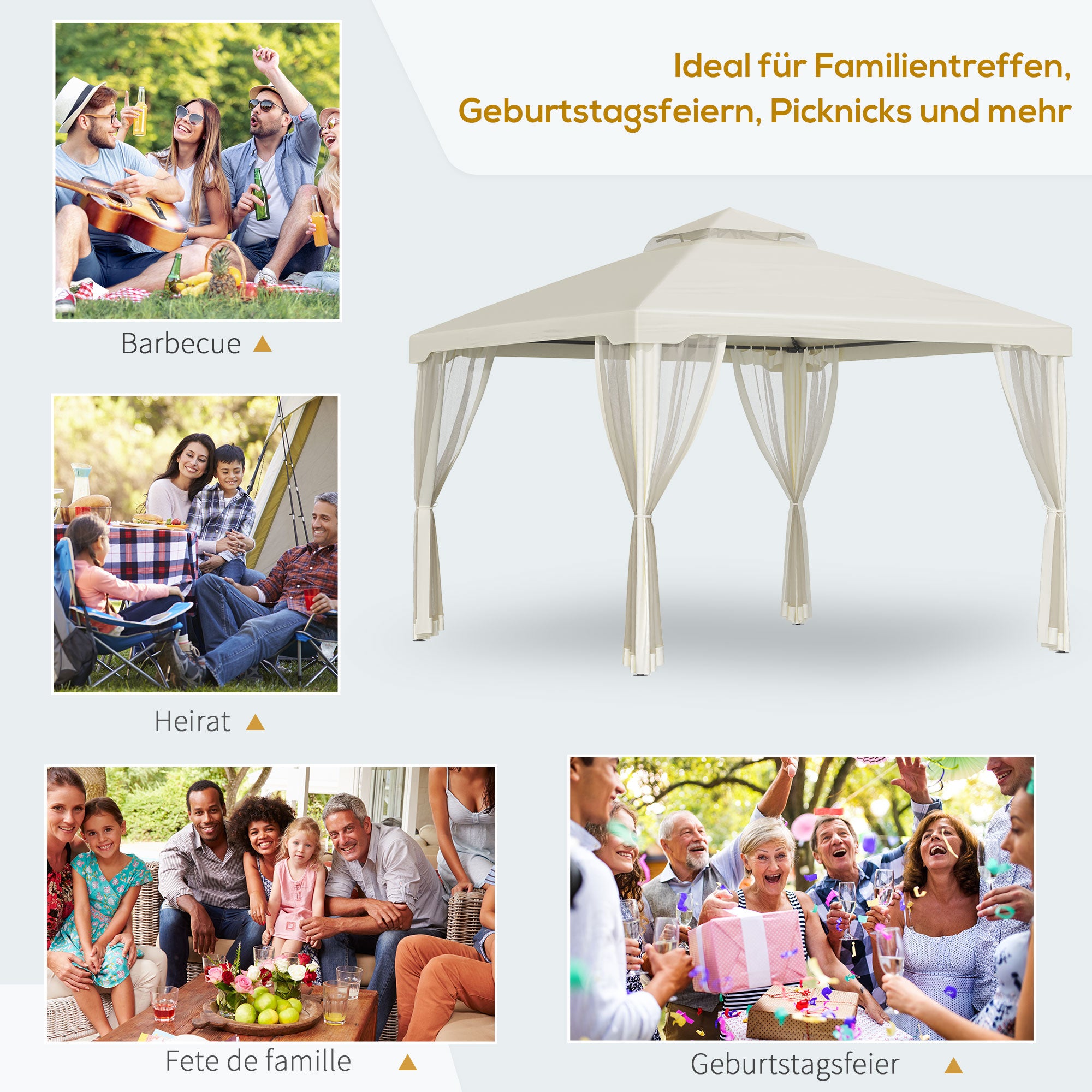 Outsunny Pavillon mit Doppeldach, ca. 3x3 m Wasserdicht Stabil Winterfest Gartenpavillon mit Moskitonetz, Seitenteile, Garten-Pavillon aus Metall, für Garten, Terrasse, Cremeweiß