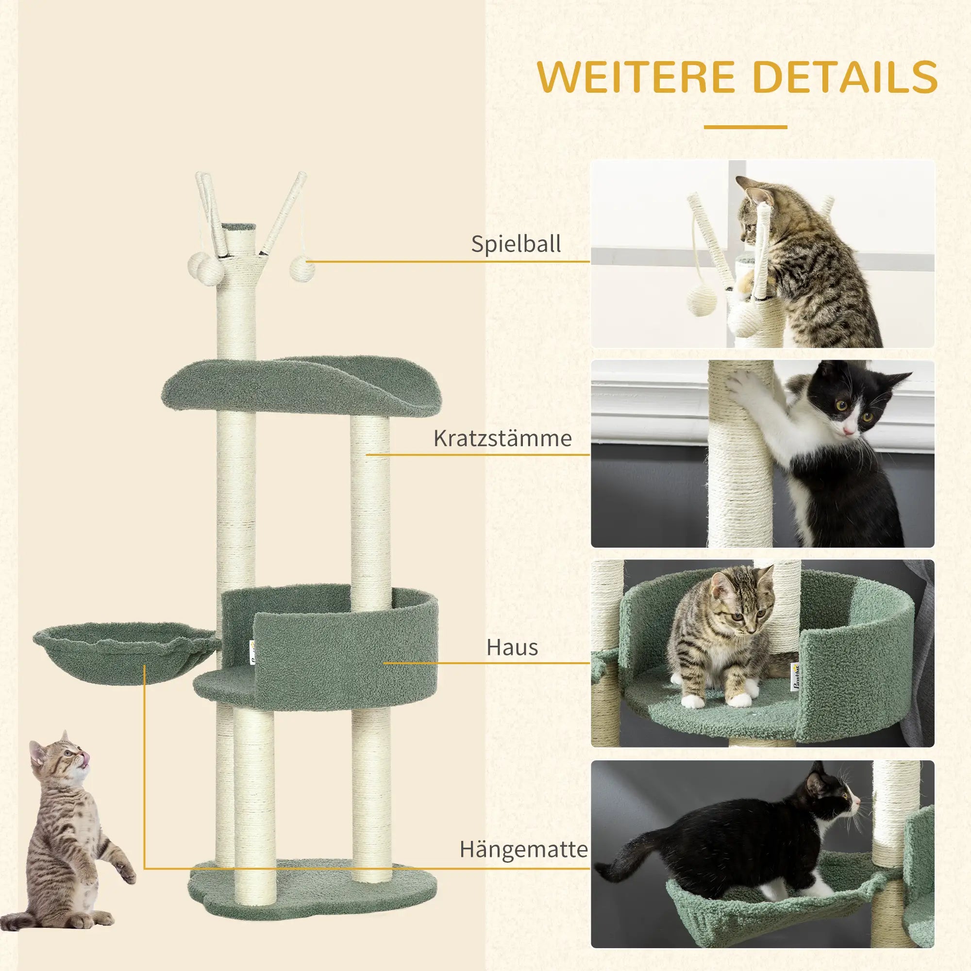 PawHut Kratzbaum Katzenbaum mit Liegekorb und Spielbällen