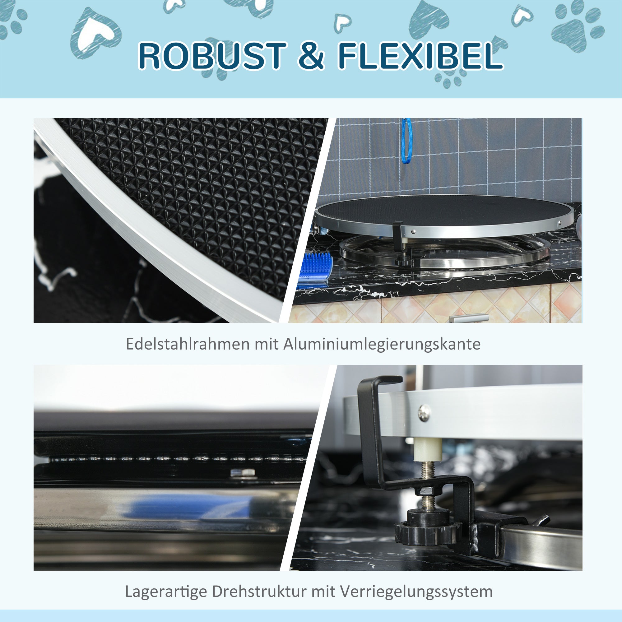 PawHut Hund Trimmtisch Tierpflegetisch drehbar trocknen Tabelle mit verstellbaren Arm rutschfeste Tischplatte Verriegelungssystem Aluminium-Legierung Rand Edelstahl Rahmen Sicherheit Leine Ø65x H10