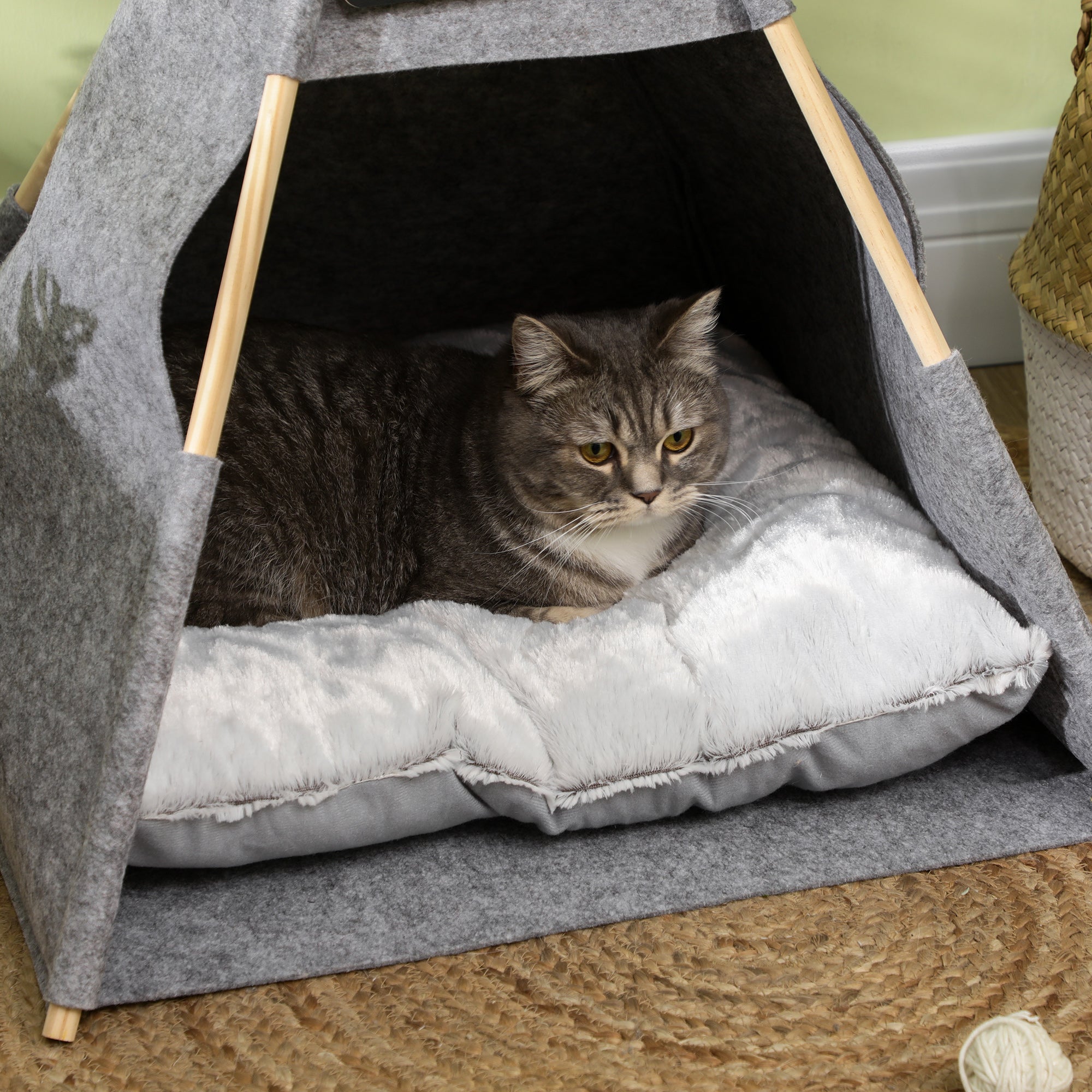 PawHut Haustierzelt Katzenhaus Hundezelt Katzenbett Katzenzelt mit weichem Kissen Plüsch Filz maschinenwaschbar Grau 58 x 58 x 80 cm