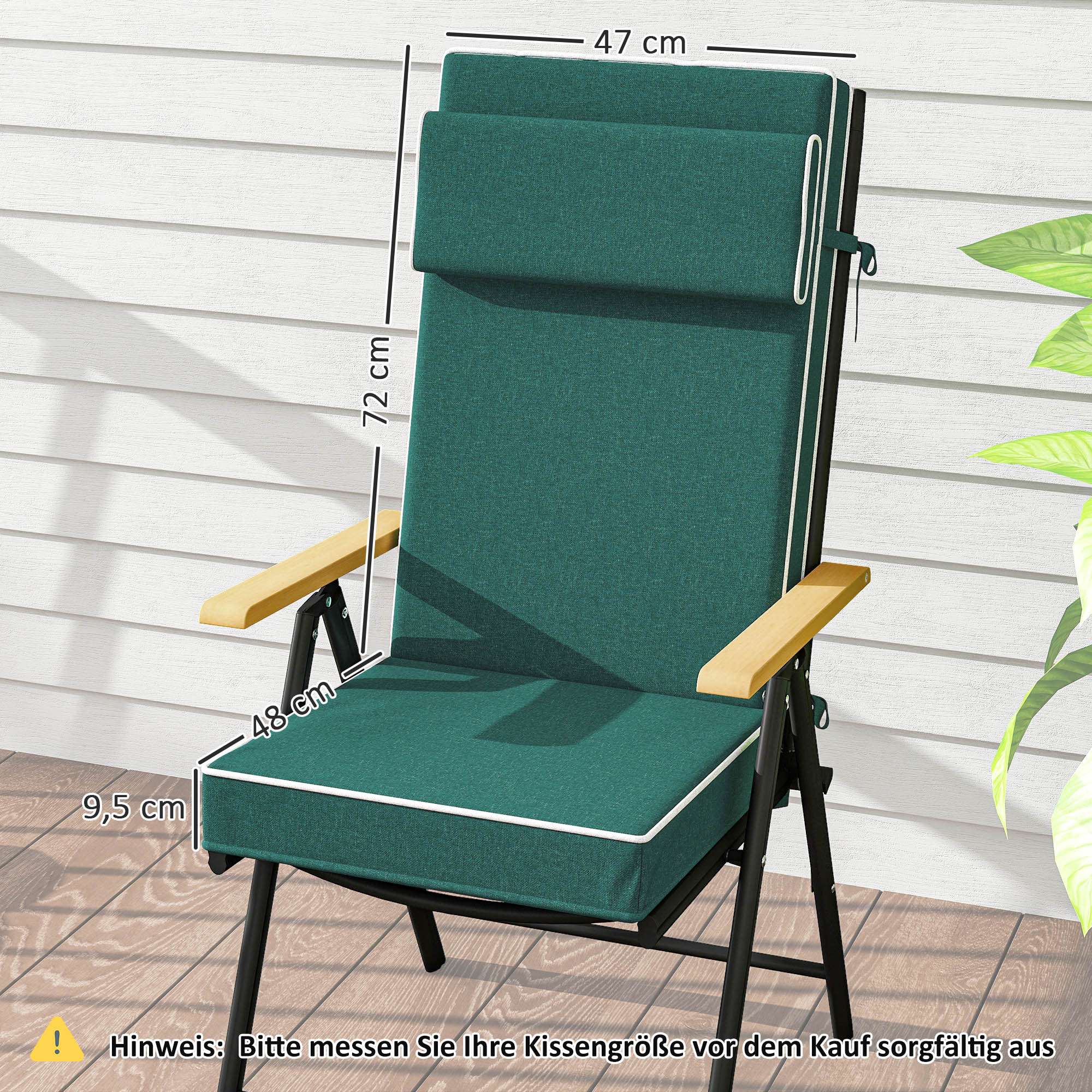 Outsunny Sitzkissen 120 x 47 x 9,5 cm wasserabweisend Stuhlkissen mit Bändern, Kopfstütze, UPF50+ Grün