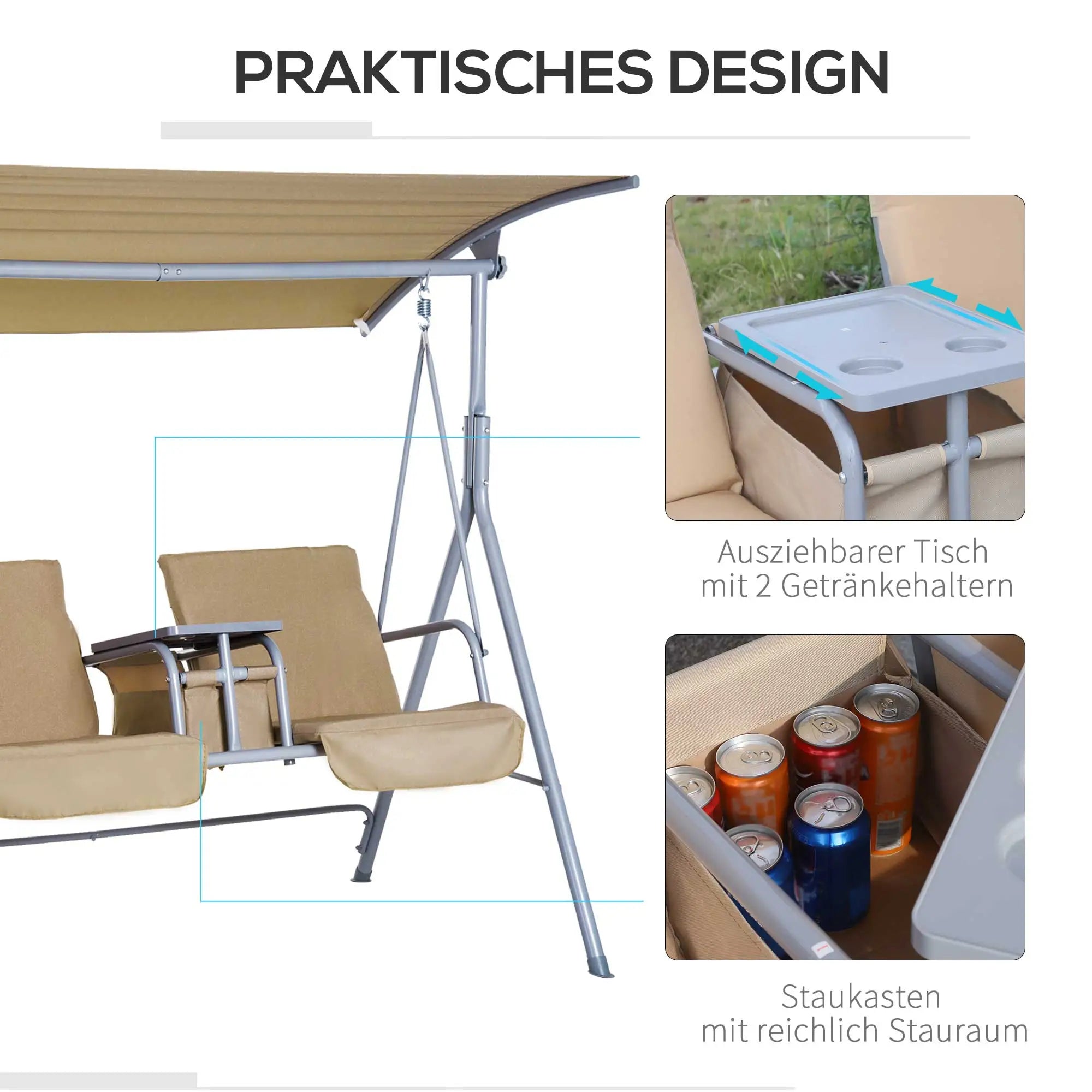 Outsunny Hollywoodschaukel 2-Sitzer mit Sonnendach Becherhalter