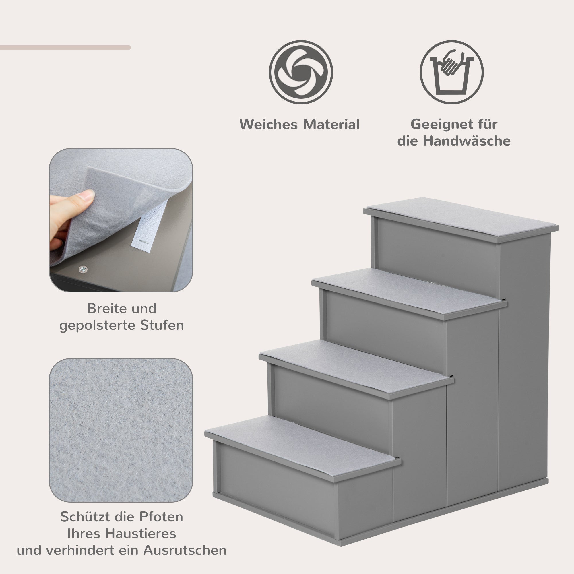 PawHut Haustiertreppe, für Hunde/Katzen, 4-stufig, Kurzplüsch, bis 30 kg, 40 x 59 x 54,2 cm, Grau