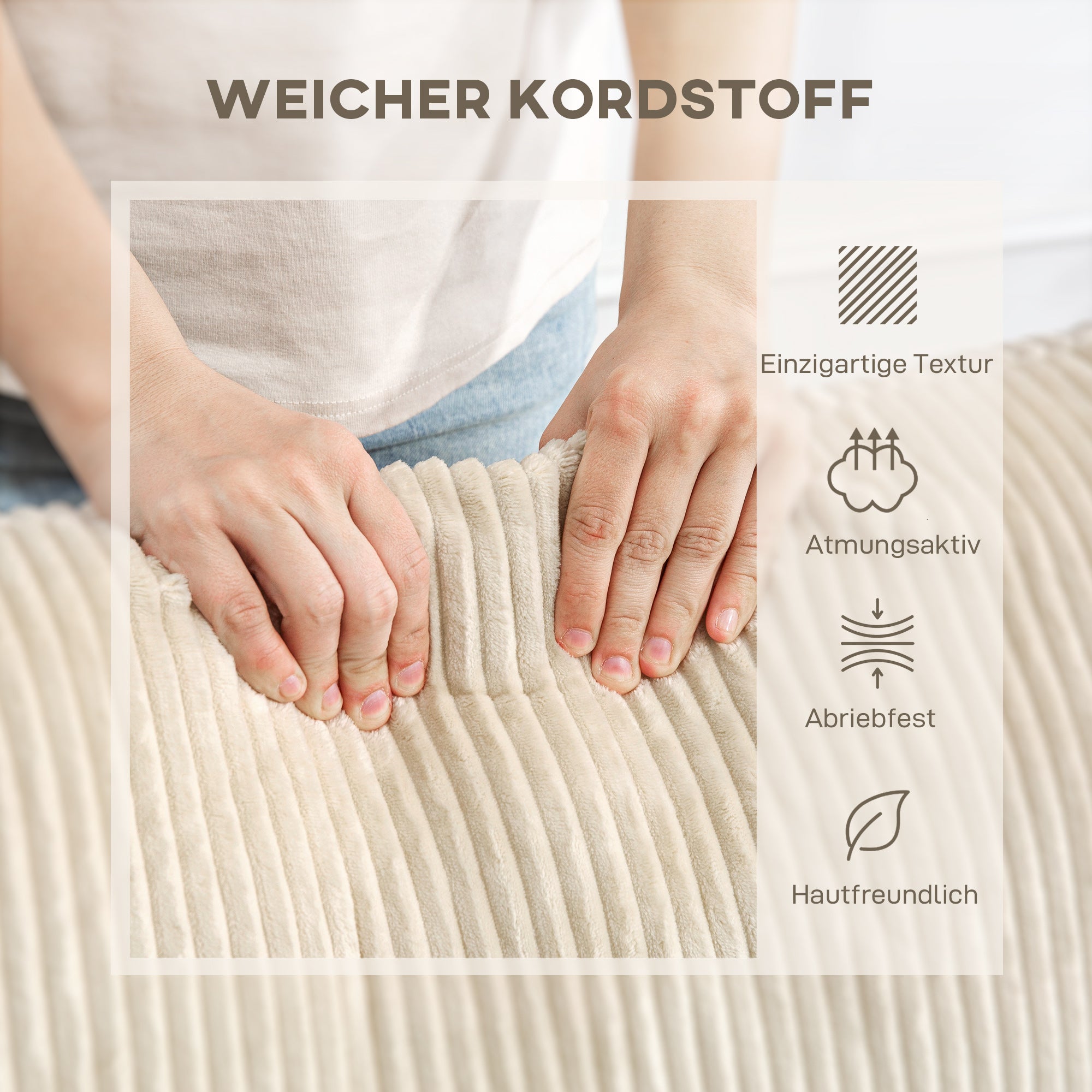 HOMCOM 3-Sitzer-Sofa mit Zierkissen, Cordsofa für Wohnzimmer, Schlafzimmer, 212 cm breit, Cremeweiß