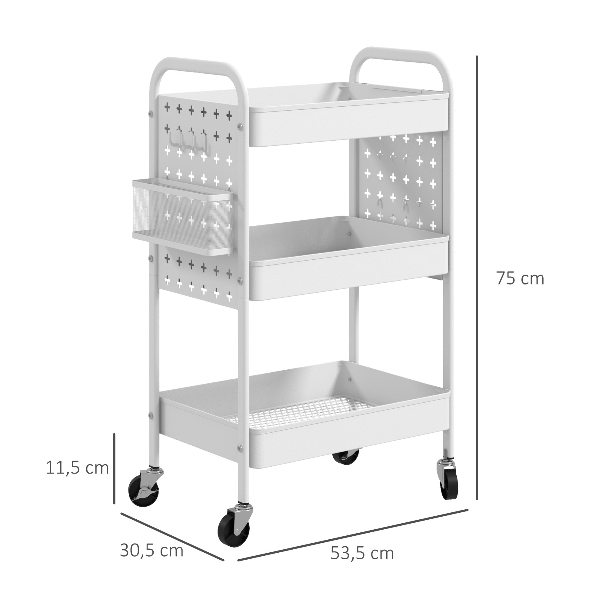 HOMCOM Mehrzweckwagen Rollwagen Küchenwagen, 3 Regale, 4 Rollen, 53,5 cm x 30,5 cm x 75 cm, Weiß