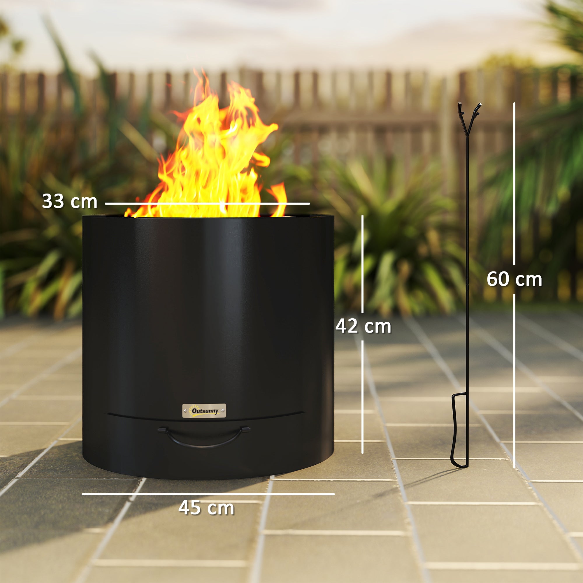 Outsunny Feuerschale Ø45x42cm aus Edelstahl Feuerstelle mit Schürhaken Aschenwanne Schwarz