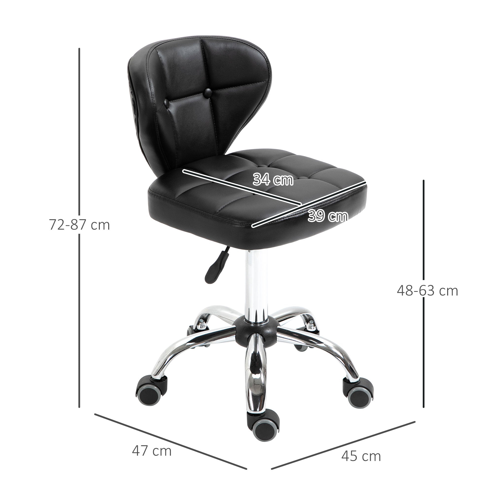 HOMCOM 2er-Set Arbeitshocker mit Rückenlehne Rollhocker aus Kunstleder Drehhocker mit Lehne Kosmetikhocker Rollhocker Bürohocker 72-87 cm höhenverstellbar Büro Dunkelgrau 45 x 47 x 72-87 cm