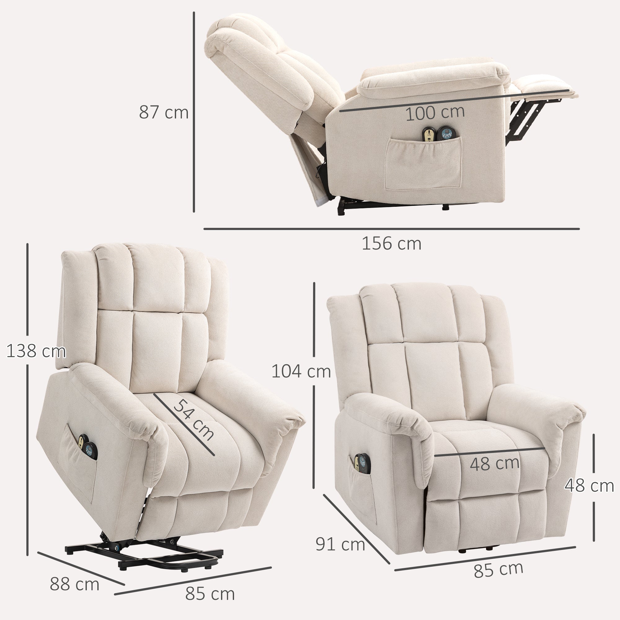 HOMCOM Powerlift-Sessel, Massagesessel mit Wärmefunktion, Polstersessel mit Fußstütze, Seitentasche, Stoffbezug, Beige