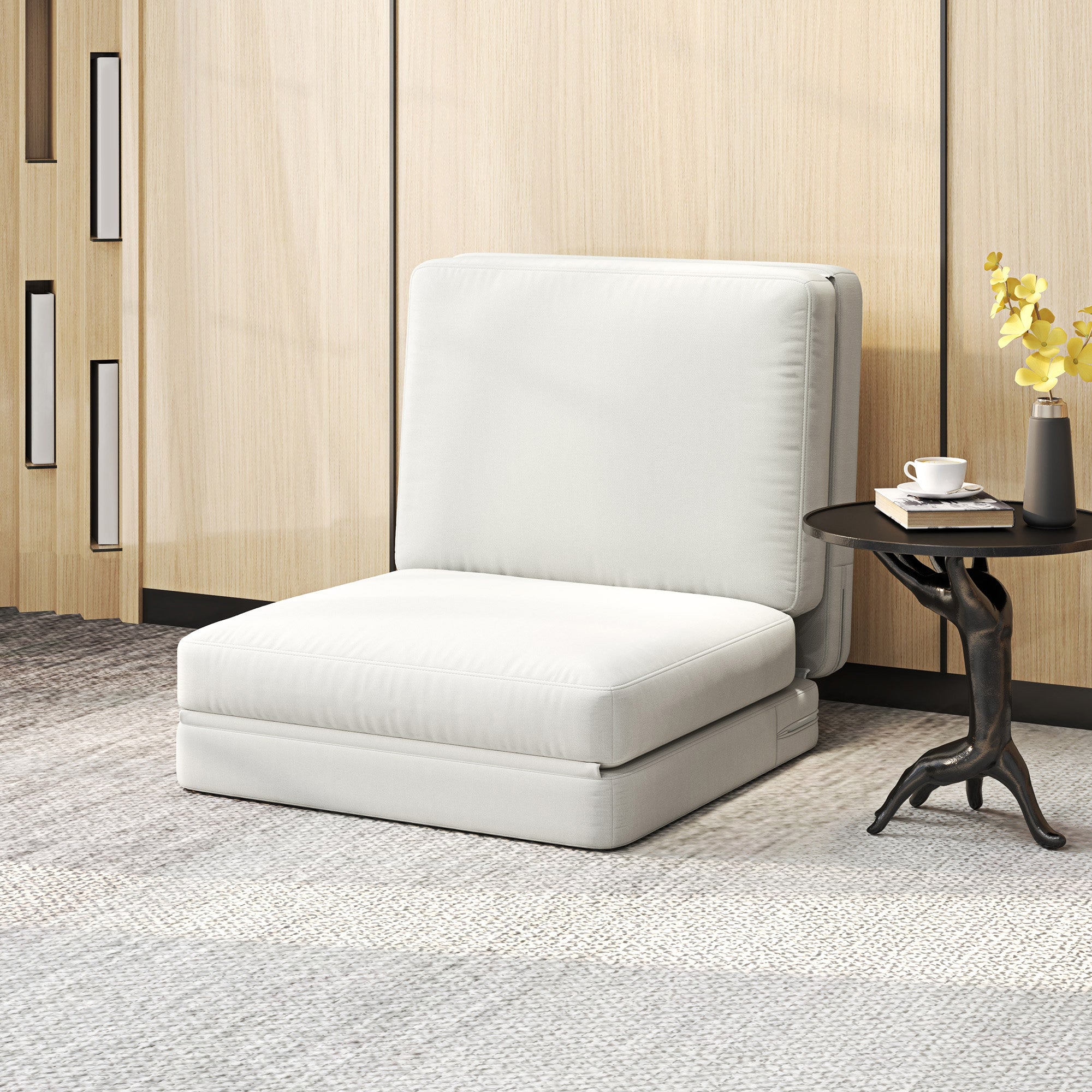 HOMCOM Faltbarer Bodensessel mit Kissen, wandelbares Polstersofa, Wohnzimmer, Gästezimmer, Büro, 75 x 268 x 18 cm, Cremeweiß