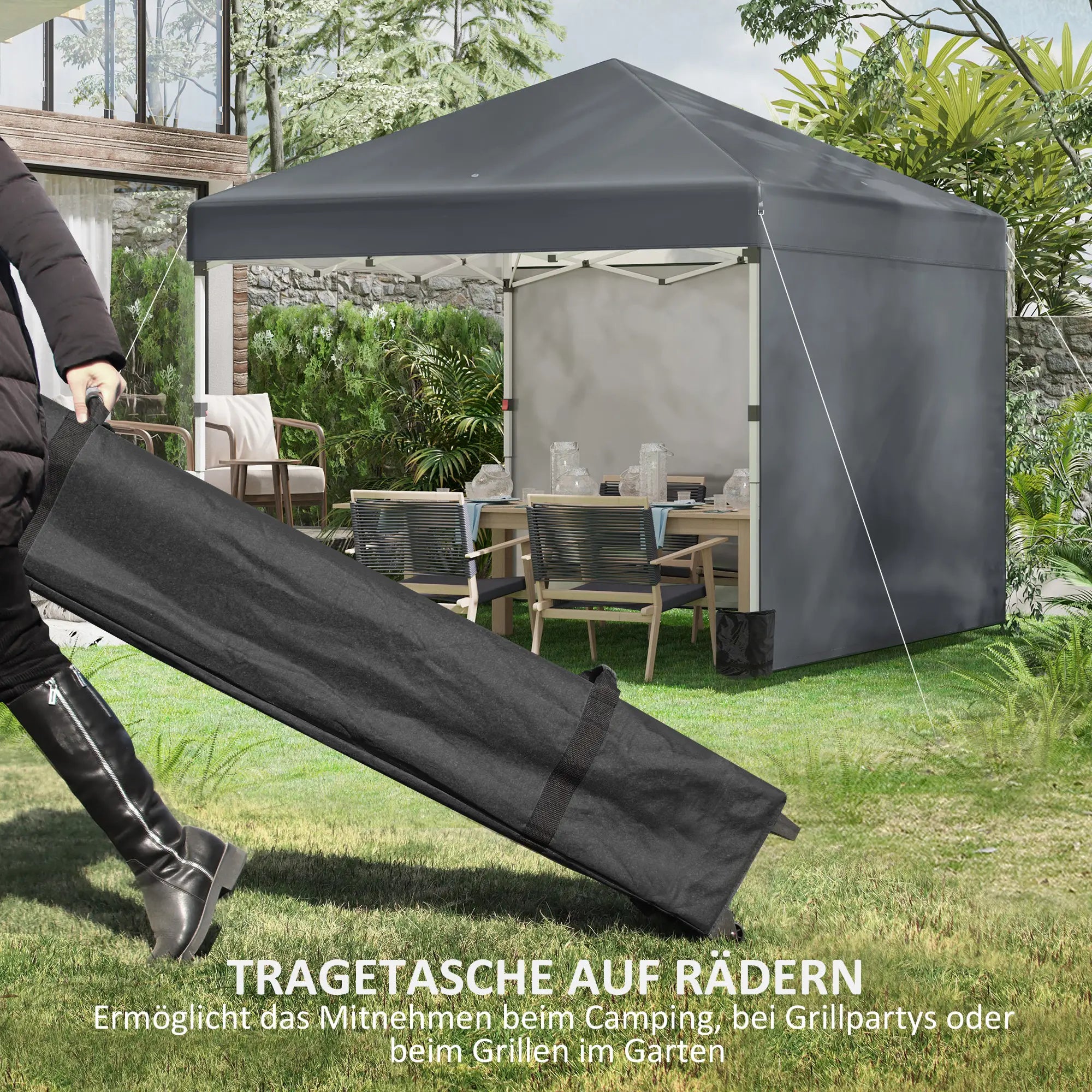 Outsunny Faltpavillon 3×3?m Dunkelgrau mit Seitenwänden