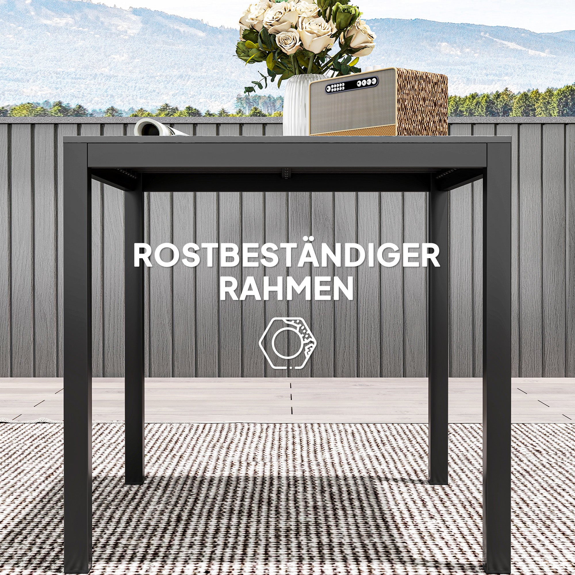 Outsunny Gartentisch Aluminium 73x73 cm Wetterfest Buffettisch mit Holzoptik, Campingtisch für 4 Personen Schwarz