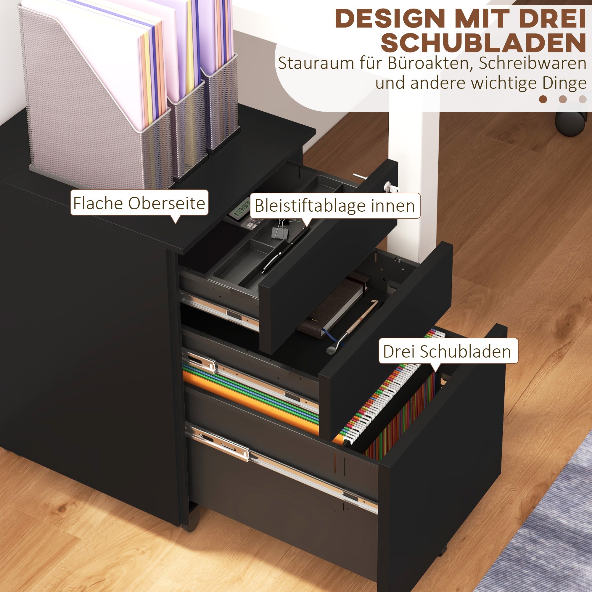 Vinsetto Rollcontainer Aktenschrank, 3 Schubladen, abschließbar, rollbar, 37 cm x 43,5 cm x 60 cm, Schwarz