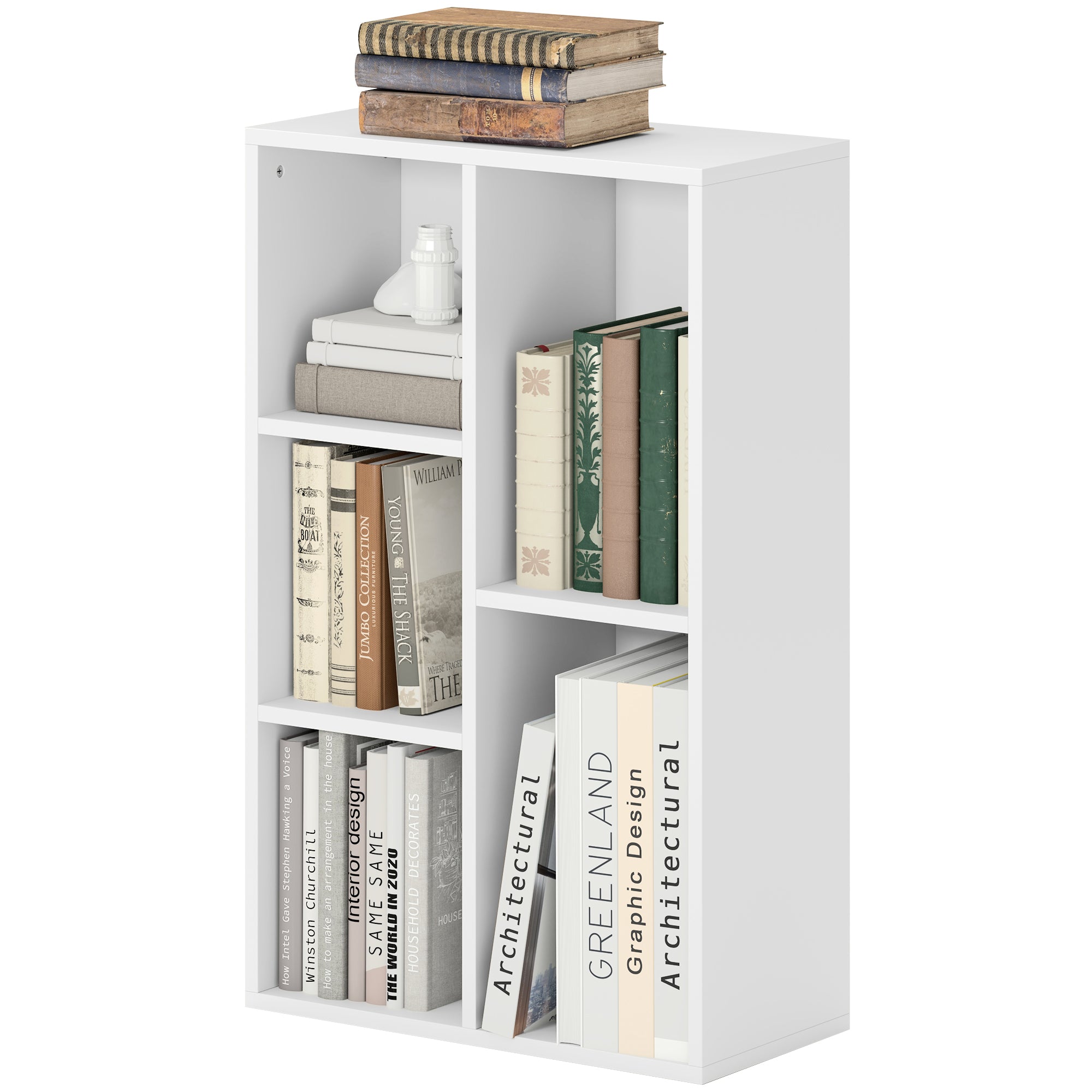 HOMCOM 2-Ebenen-Bücherregal, 5 Fächer, Spanplatte, Aufbewahrungsregal, Weiß