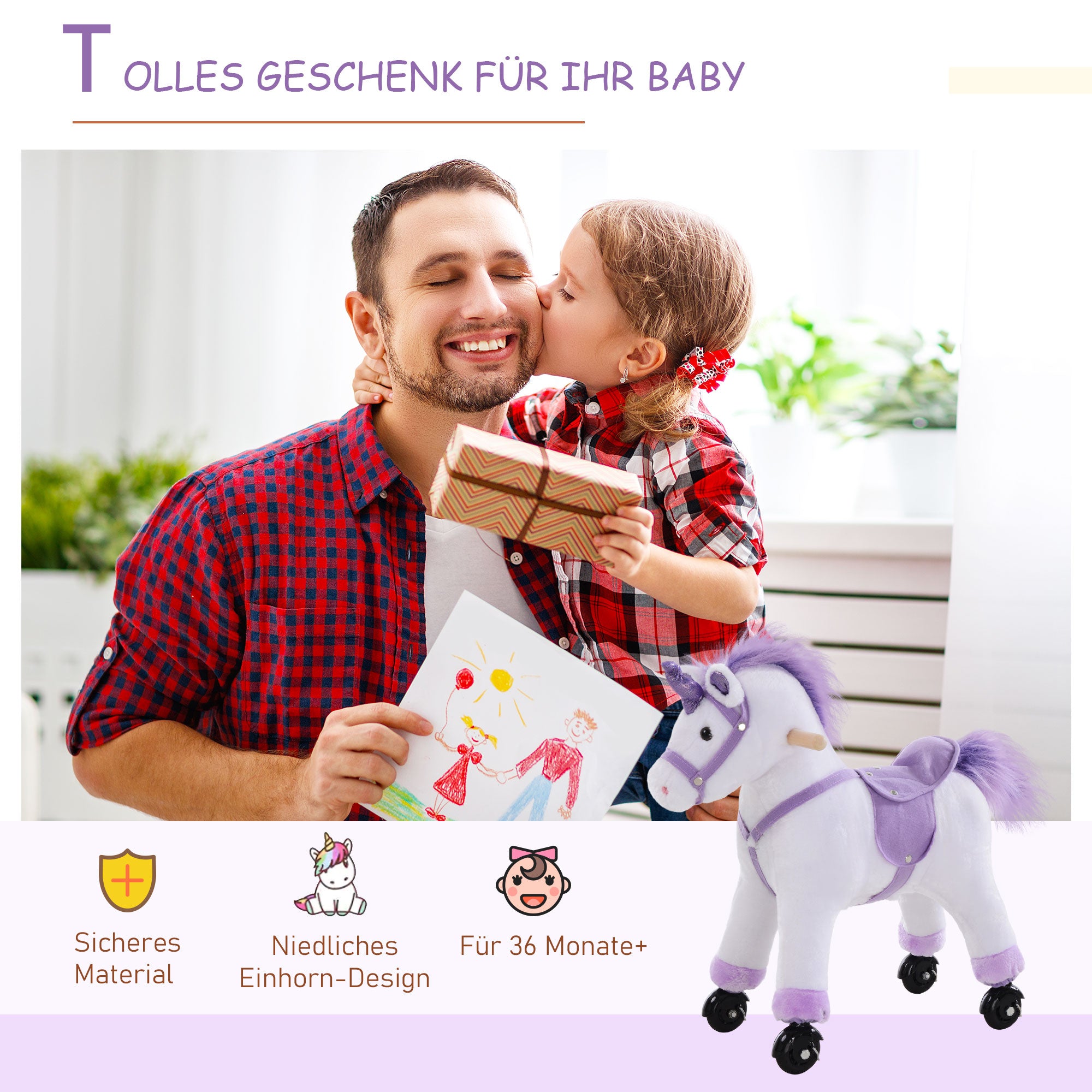 HOMCOM Reitpferd auf Rollen Spielpferd Reittier  Wiehern Plüsch Lila 55 x 23 x 60 cm