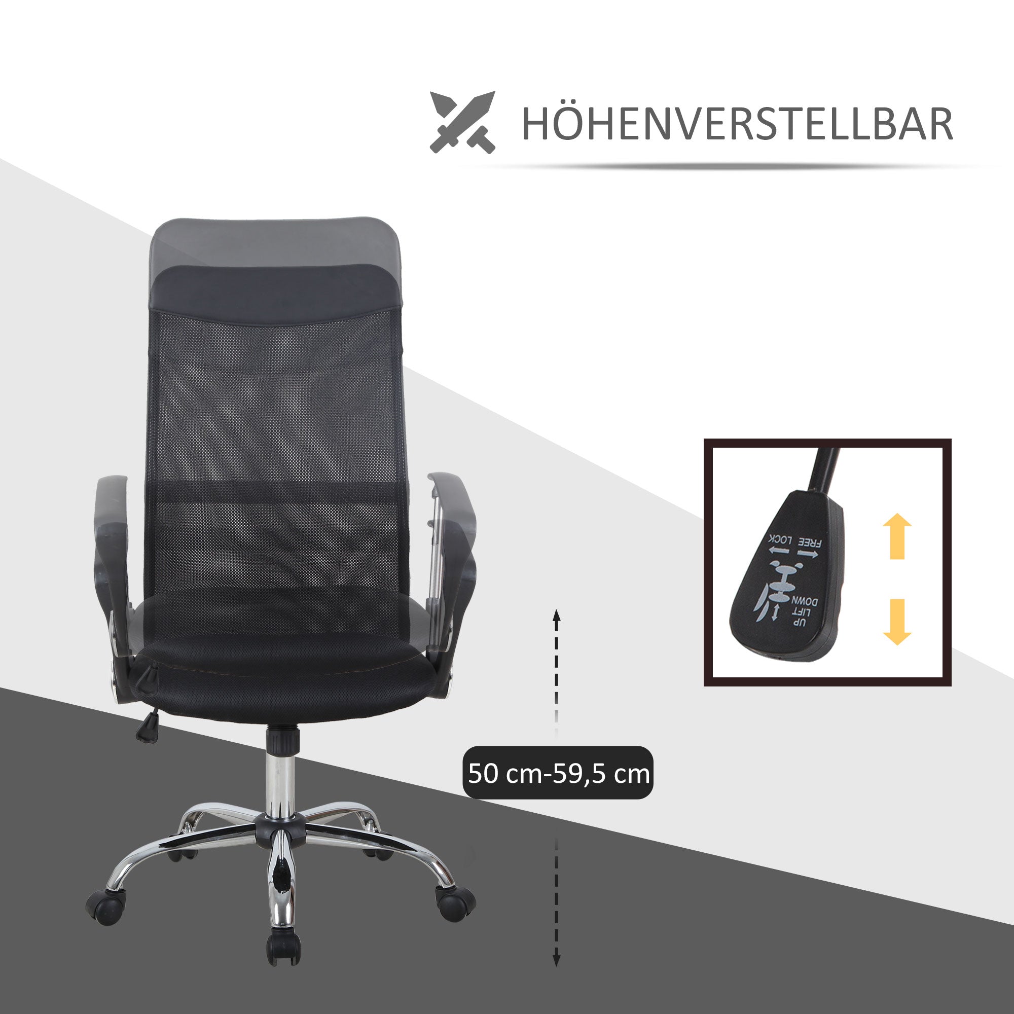 HOMCOM Ergonomischer Bürostuhl, Gaming Stuhl, Drehstuhl mit Wippenfunktion, höhenverstellbarer Schreibtischstuhl, Schaumstoff, Netz, Schwarz,  63 x 65 x 109-119 cm