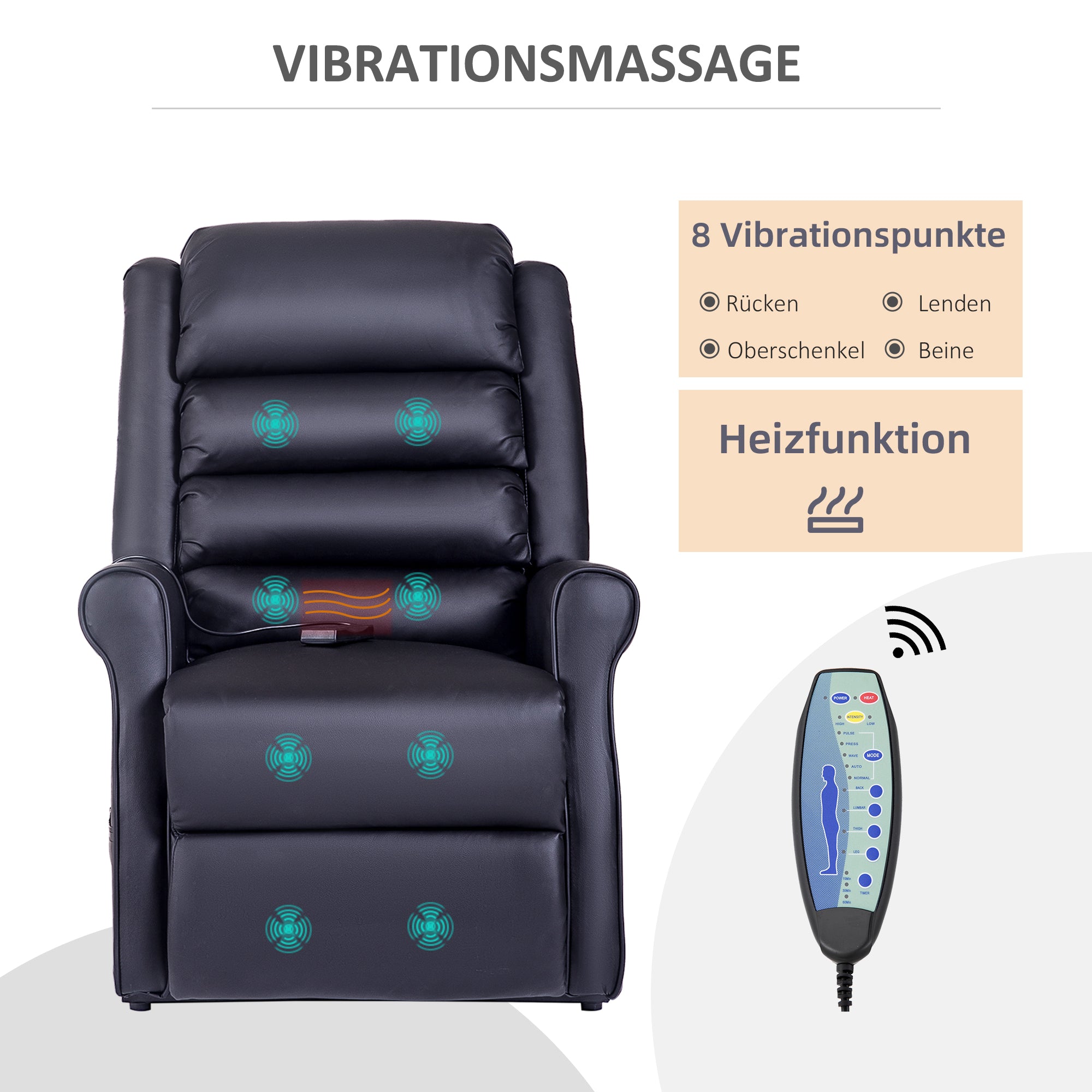 HOMCOM Massagesessel mit Aufstehhilfe, Relaxsessel mit Aufstehhilfe, inkl. Fernbedienung, Schwarz
