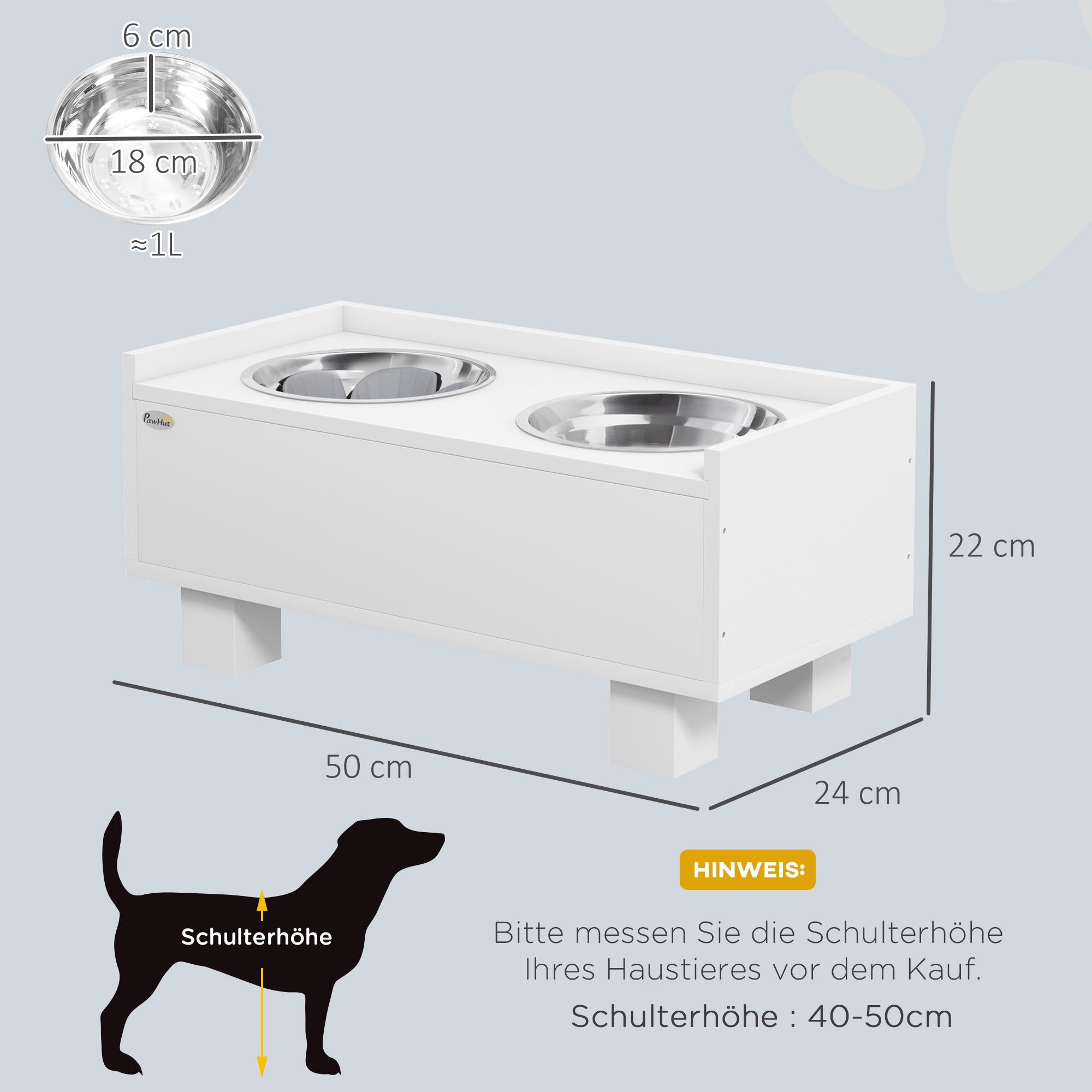PawHut Erhöhte Fütterungsstation für Hunde, mit abnehmbarer Slow-Feeder-Matte, 2 Aluminiumschüsseln, Stauraum, Weiß