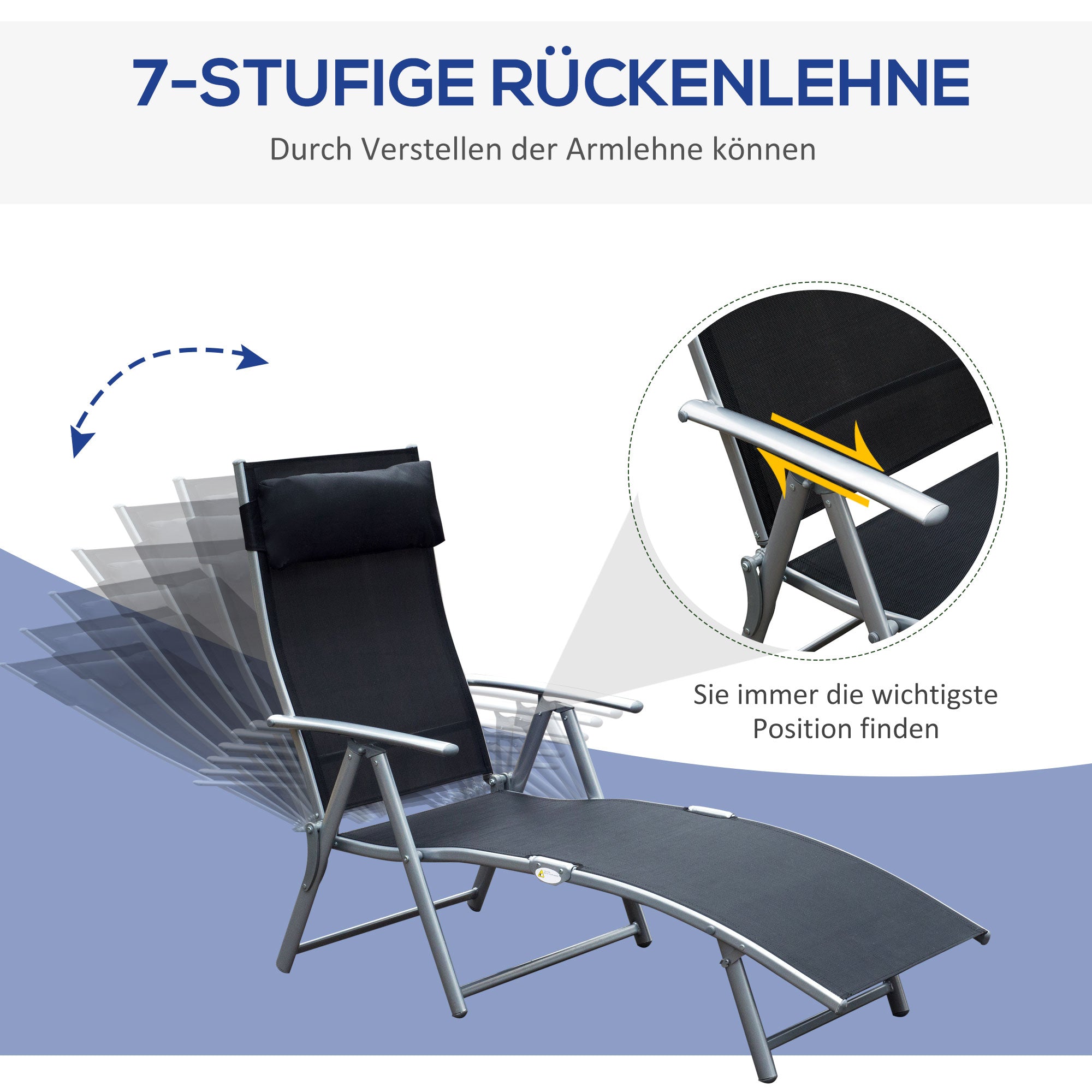 Outsunny Sonnenliege klappbar Strandliege mit Kissen Liegestuhl mit 7-Fach verstellbare Rückenlehne Gartenliege Relaxliege Gartenstuhl bis 165 kg belastbar, für Garten Urlaub Outdoor, Schwarz