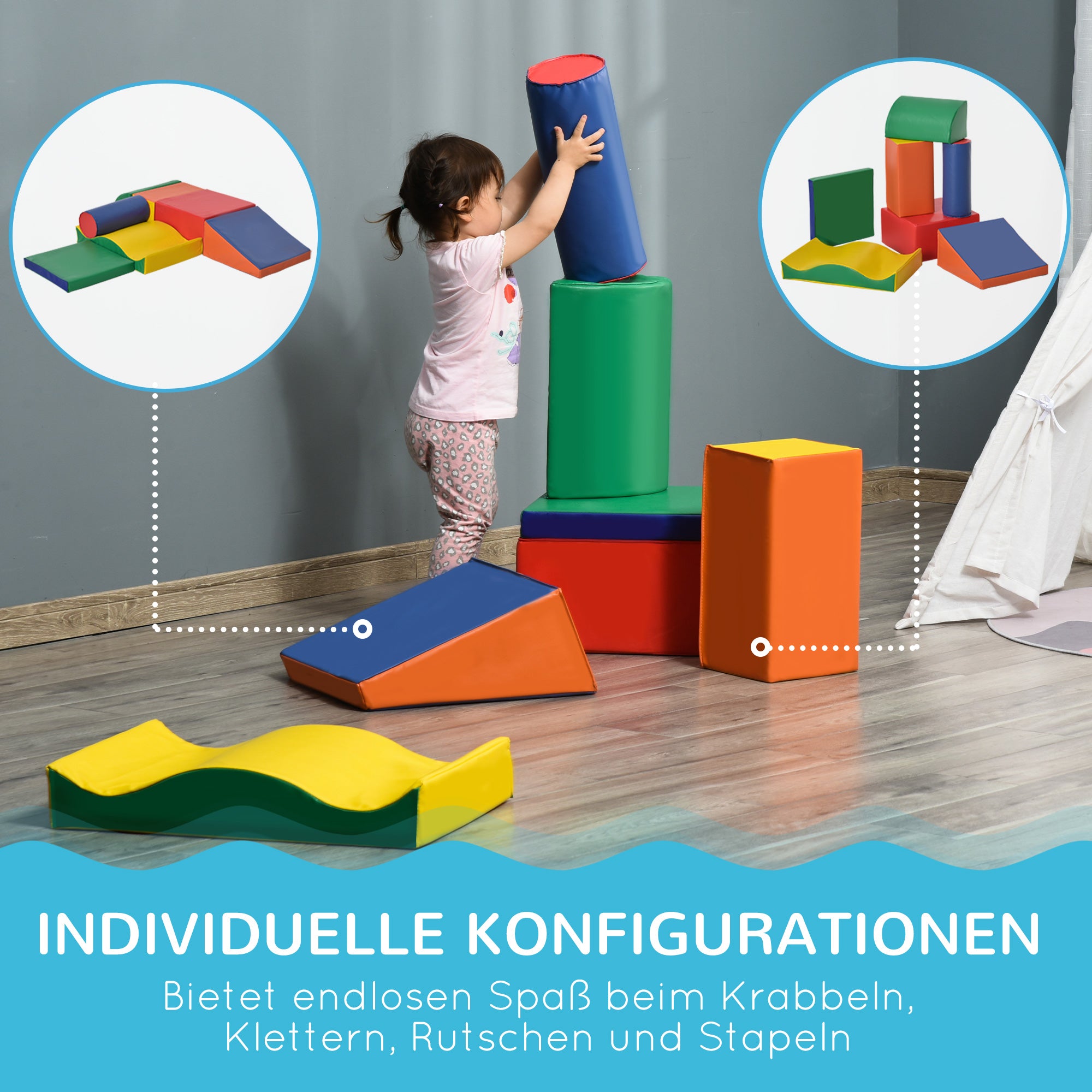 HOMCOM Soft-Bausteine, 7-tlg. Set, sicheres Material, weich und pflegeleicht, Schaumstoff, bunt
