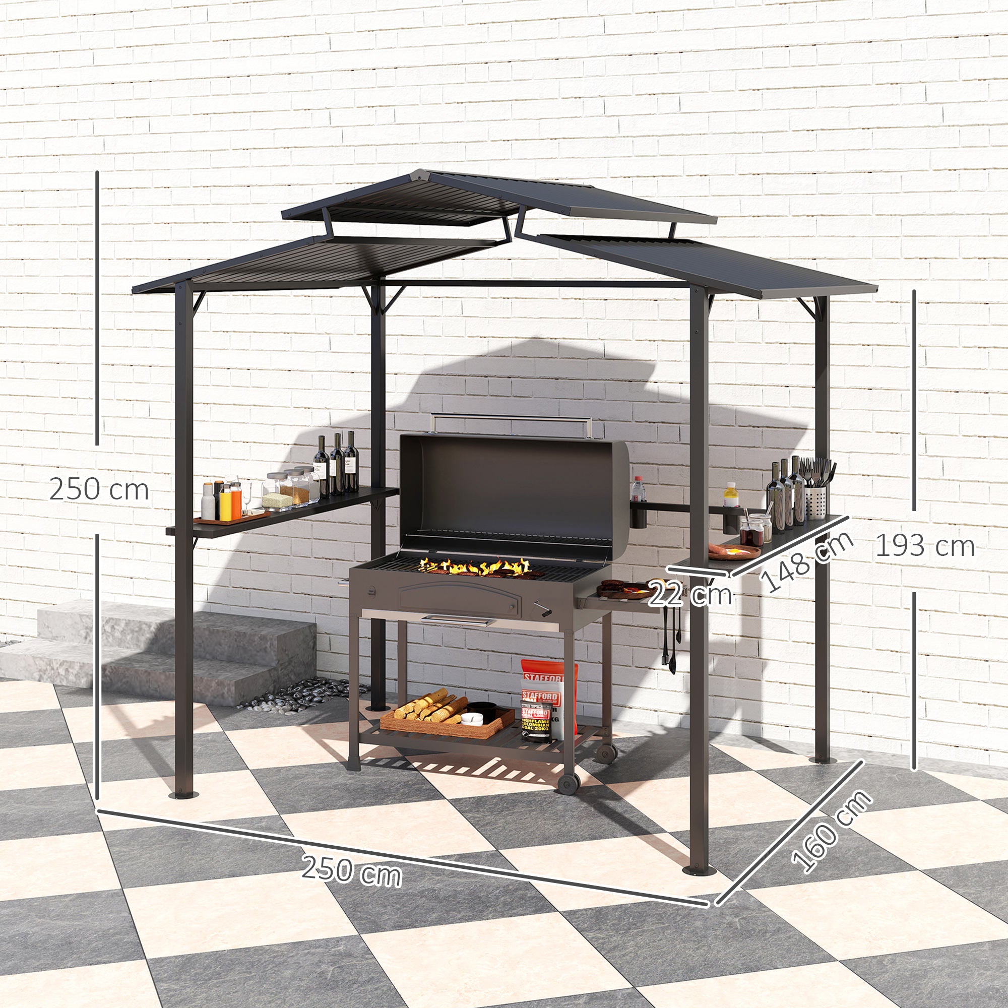 Outsunny Grillpavillon 250 x 160 x 250 cm wasserdicht Gartenpavillon mit Doppelschichtdach, Seitenregalen Schwarz