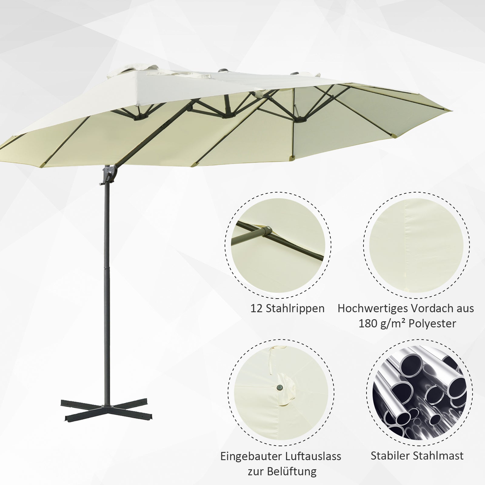 Outsunny Doppelsonnenschirm Ampelschirm Doppelschirm mit Kurbel Verstellbarer Gartenschirm Sonnenschutz Metall Cremeweiß 440 x 270 x 250 cm