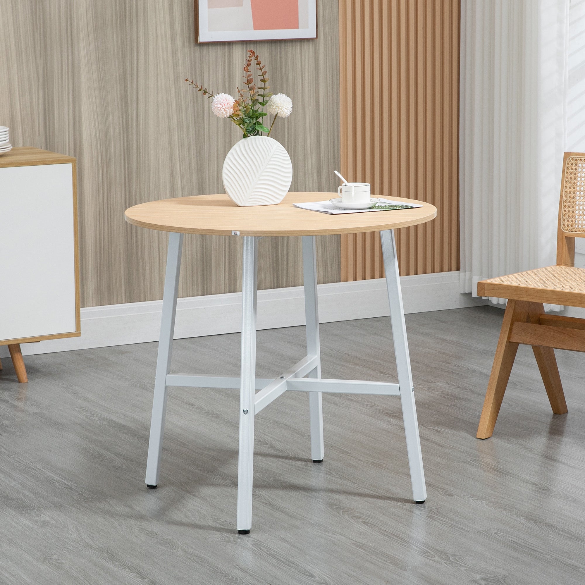 HOMCOM Esstisch, industrieller Stil, abgerundetes Design, stabil bis 60 kg, Ø80 x 76H cm, Naturholz/Weiß