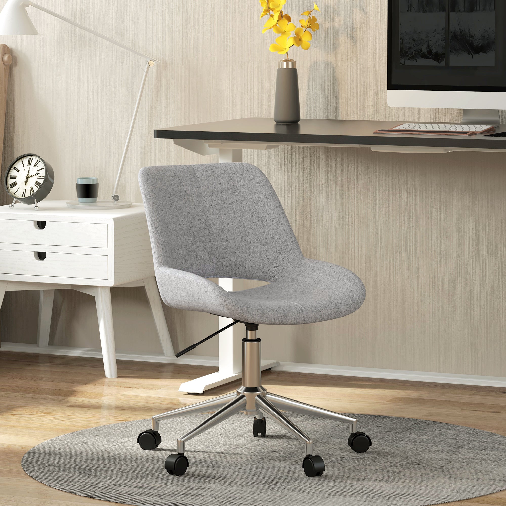 HOMCOM Bürostuhl, höhenverstellbar, um 360° drehbar, bis 110 kg, Metallrahmen, hellgrau, 49 x 56,5 x 73-82,5 cm