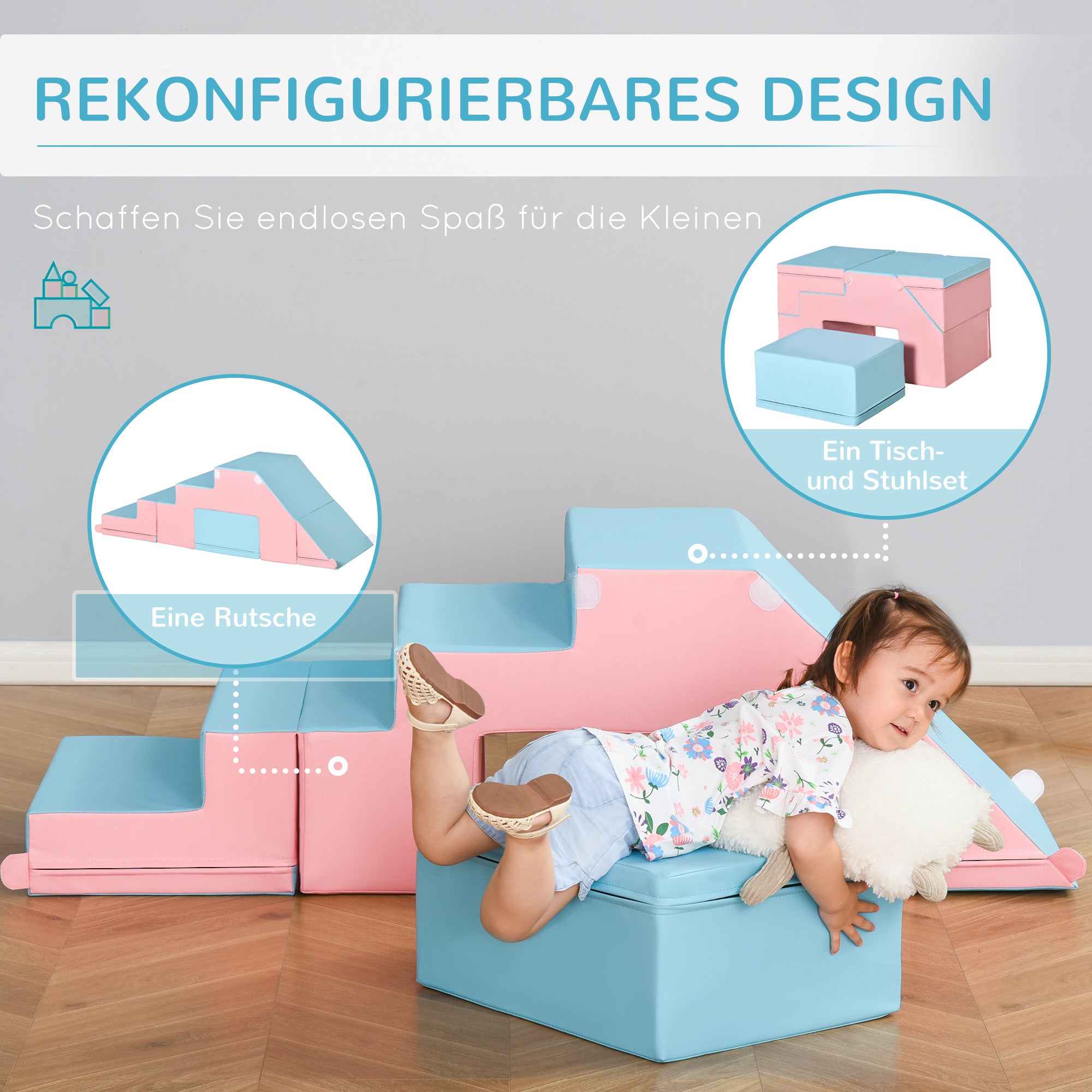 HOMCOM Kletter- und Rutschspielzeug für Kinder, fördert Motorik, Kunstleder, EPE-Schaum, 86x49x47 cm, Rosa+Blau