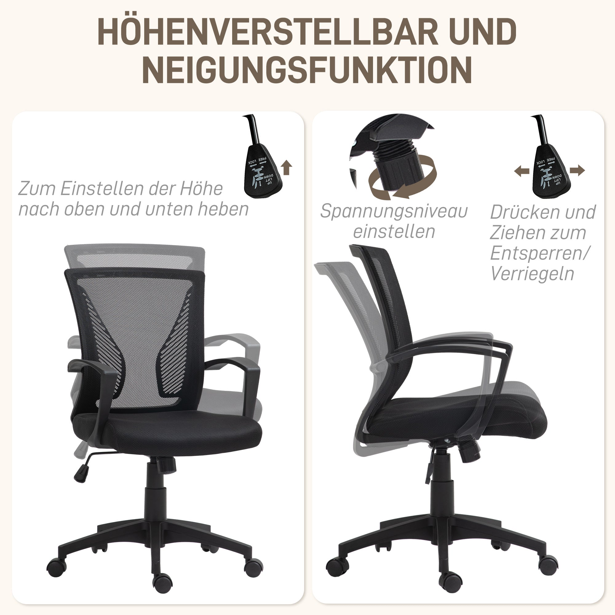 HOMCOM Bürostuhl mit Mesh-Rückenlehne, höhenverstellbar, bis 120 kg, Schwarz