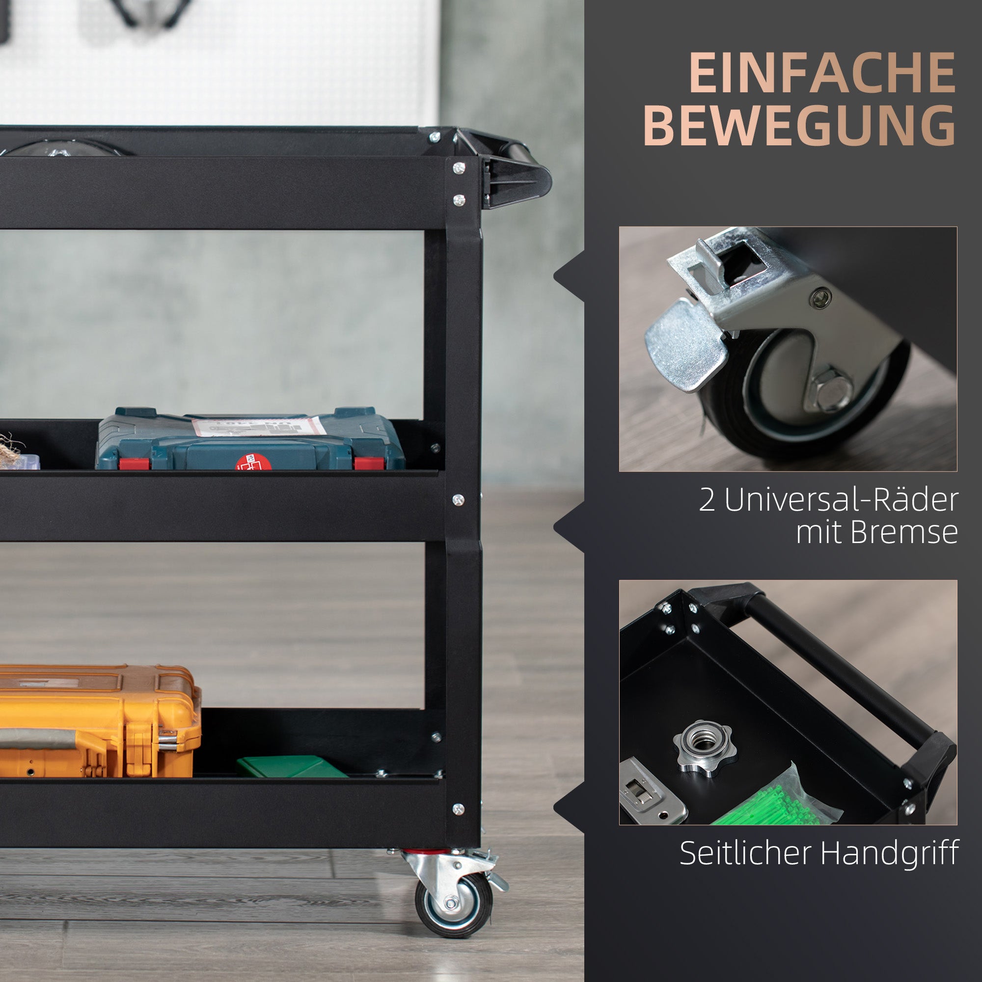 DURHAND 3-stufiger Werkzeugwagen, 4 Rollen, Stahl, 83B x 35,3T x 76H cm, Schwarz