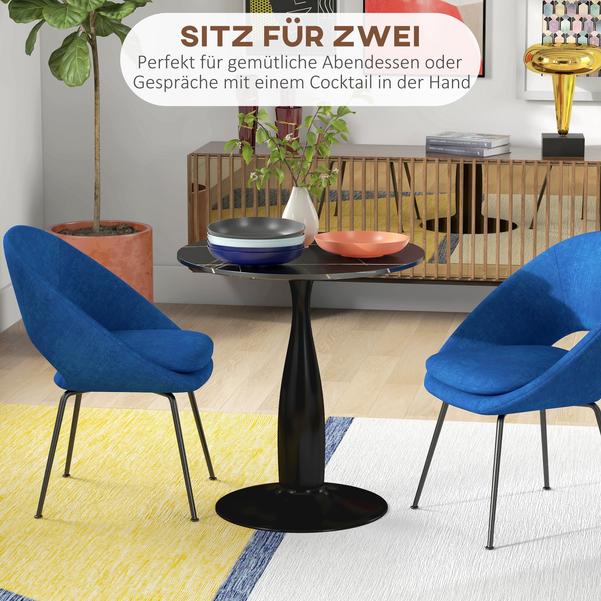 HOMCOM Runder Esstisch, pulverbeschichteter Stahl, MDF mit Melamin, rutschfeste Füße, 70 x 74 cm, Schwarz